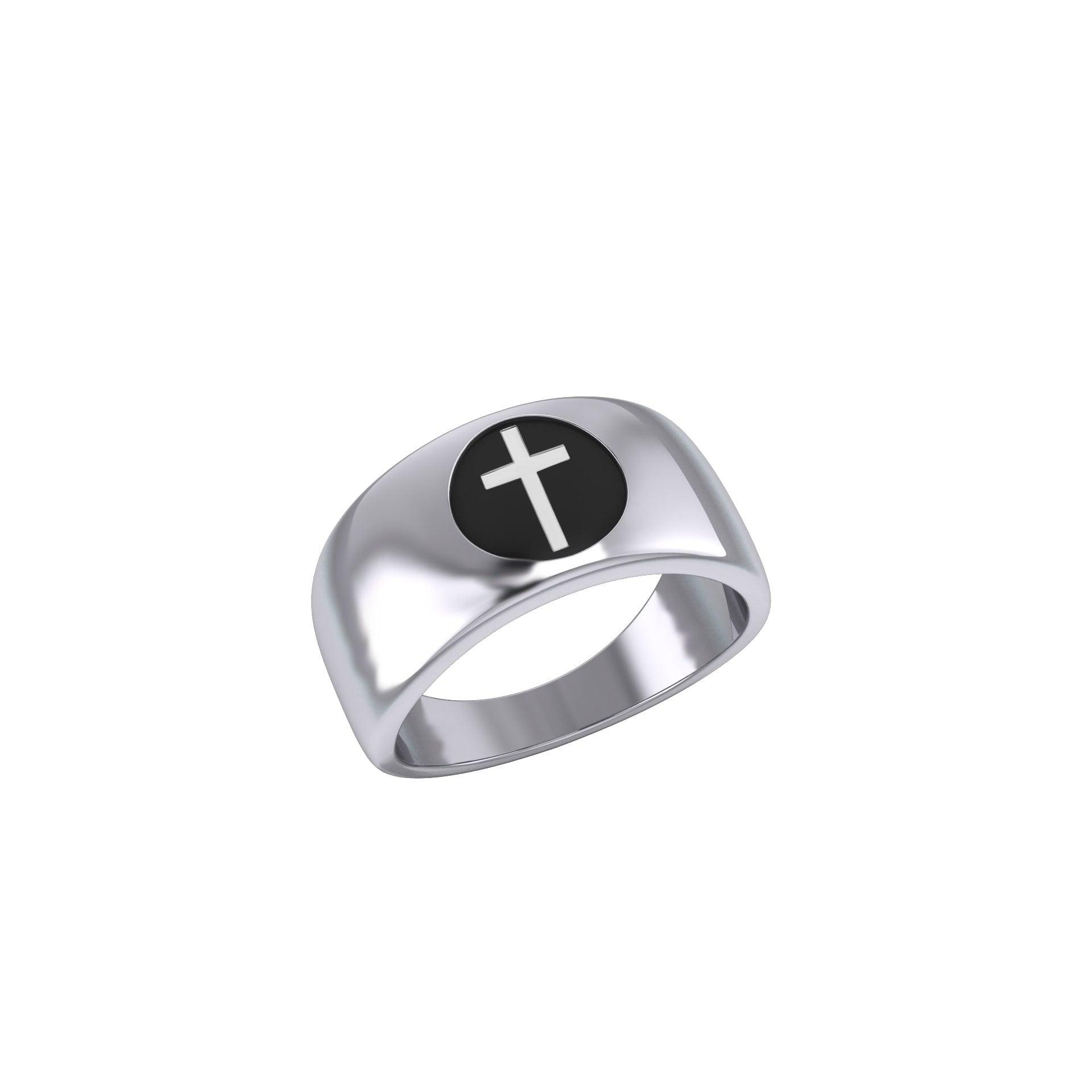 Spiritual Elegance Sterling Silver Faith Cross Men Band Ring with Black Accent by Peter Stone Jewelry TRI2475 - Jewelry