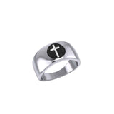 Spiritual Elegance Sterling Silver Faith Cross Men Band Ring with Black Accent by Peter Stone Jewelry TRI2475 - Jewelry