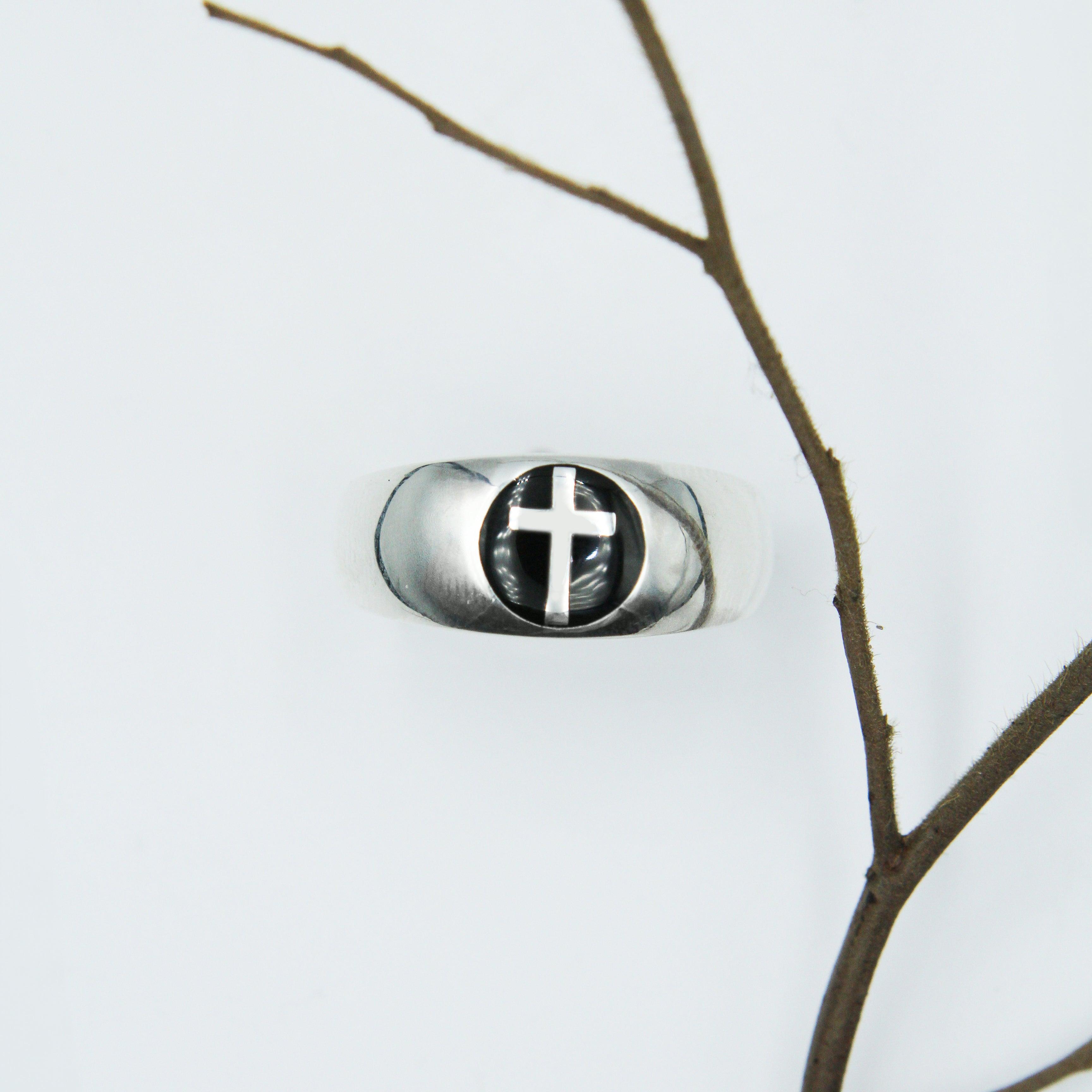 Spiritual Elegance Sterling Silver Faith Cross Men Band Ring with Black Accent by Peter Stone Jewelry TRI2475 - Jewelry
