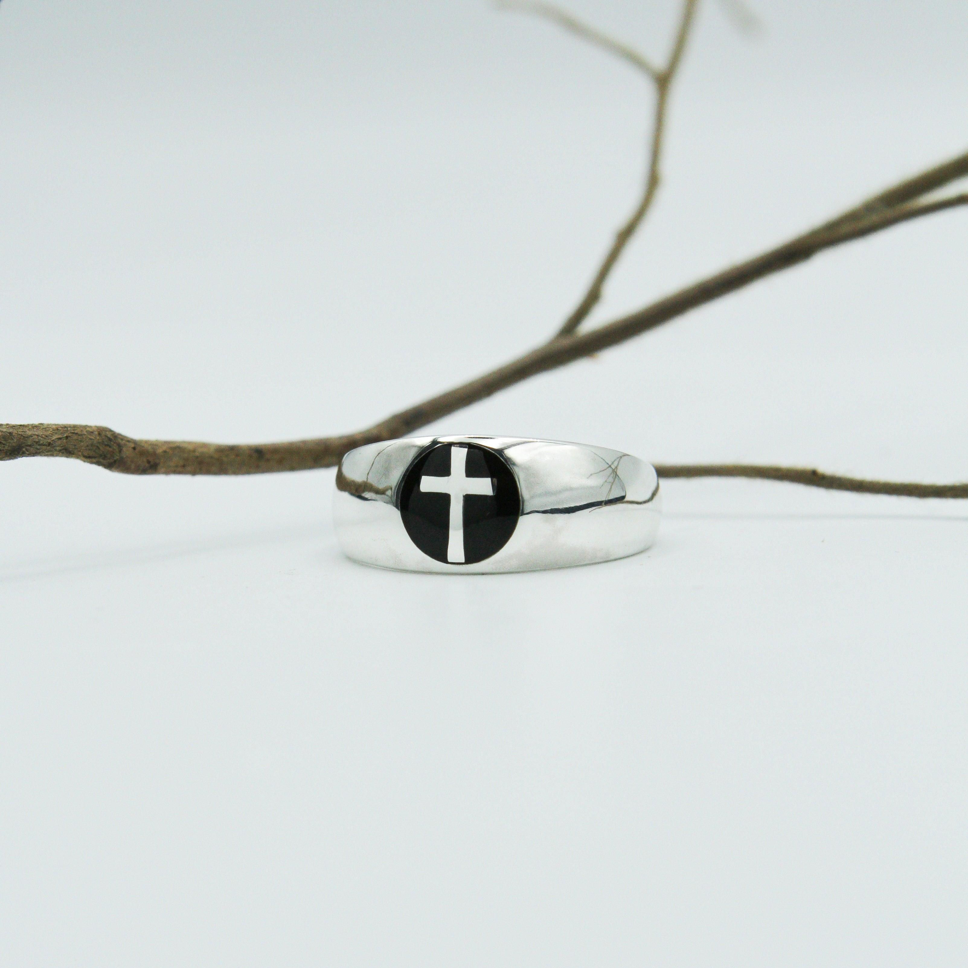Spiritual Elegance Sterling Silver Faith Cross Men Band Ring with Black Accent by Peter Stone Jewelry TRI2475 - Jewelry