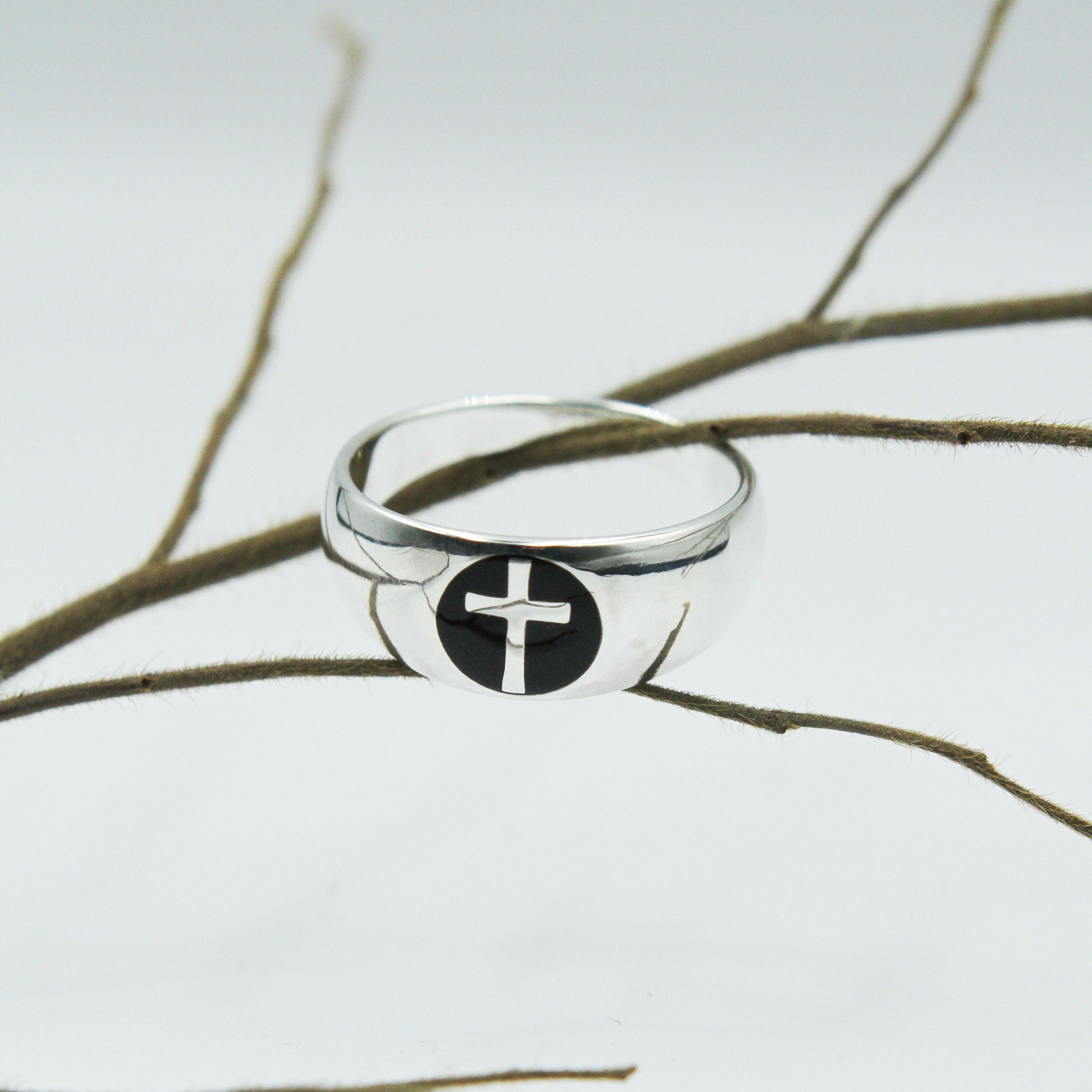 Spiritual Elegance Sterling Silver Faith Cross Men Band Ring with Black Accent by Peter Stone Jewelry TRI2475 - Jewelry
