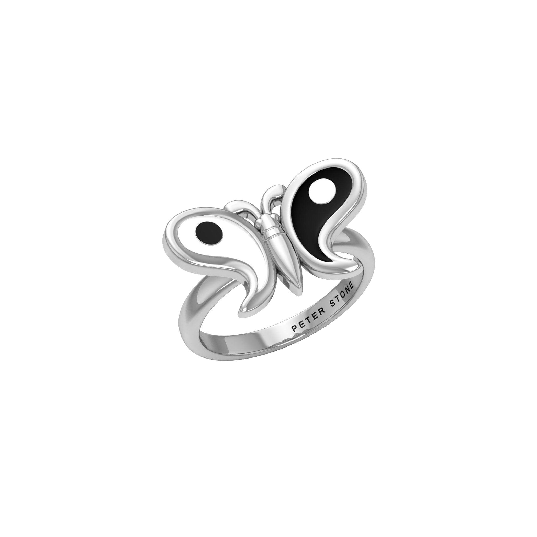 Harmony and Balance Sterling Silver Yin Yang Butterfly Ring by Peter Stone Jewelry TRI2477 - Jewelry