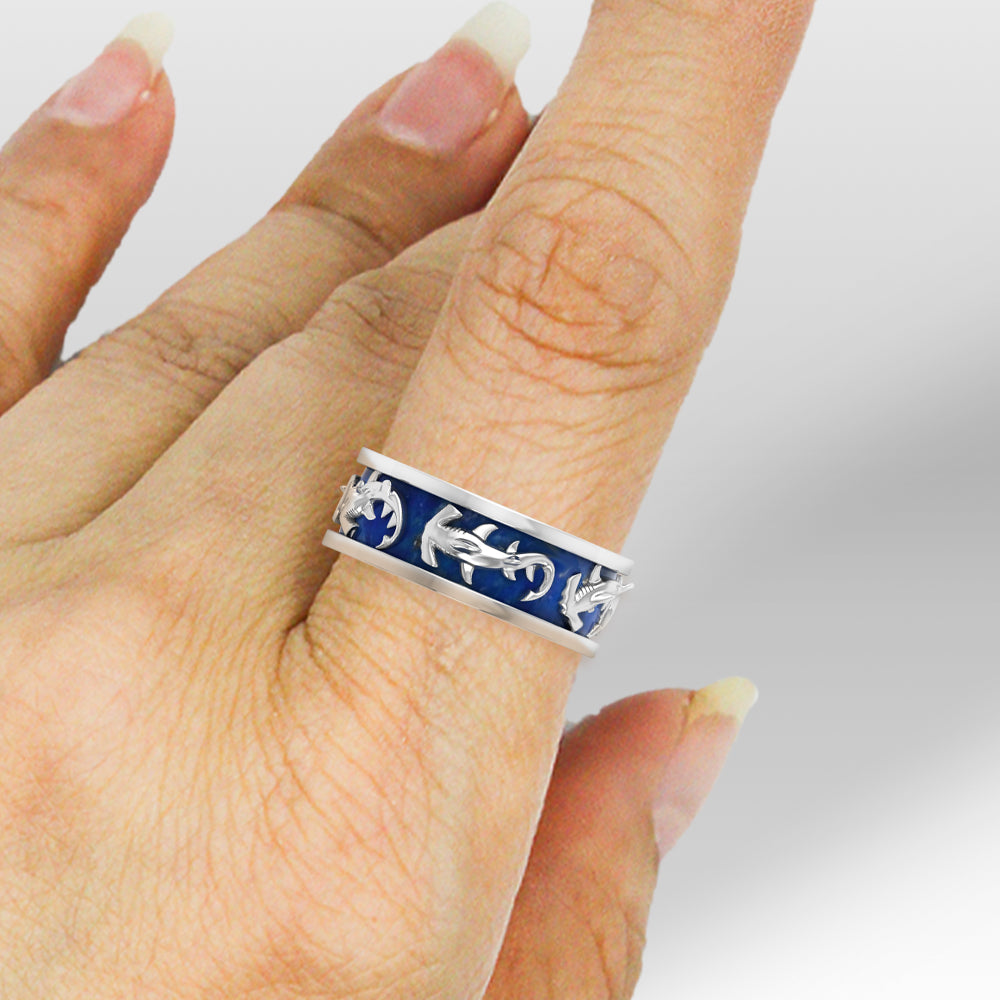 Hammerhead Shark Enamel Band Sterling Silver Ring