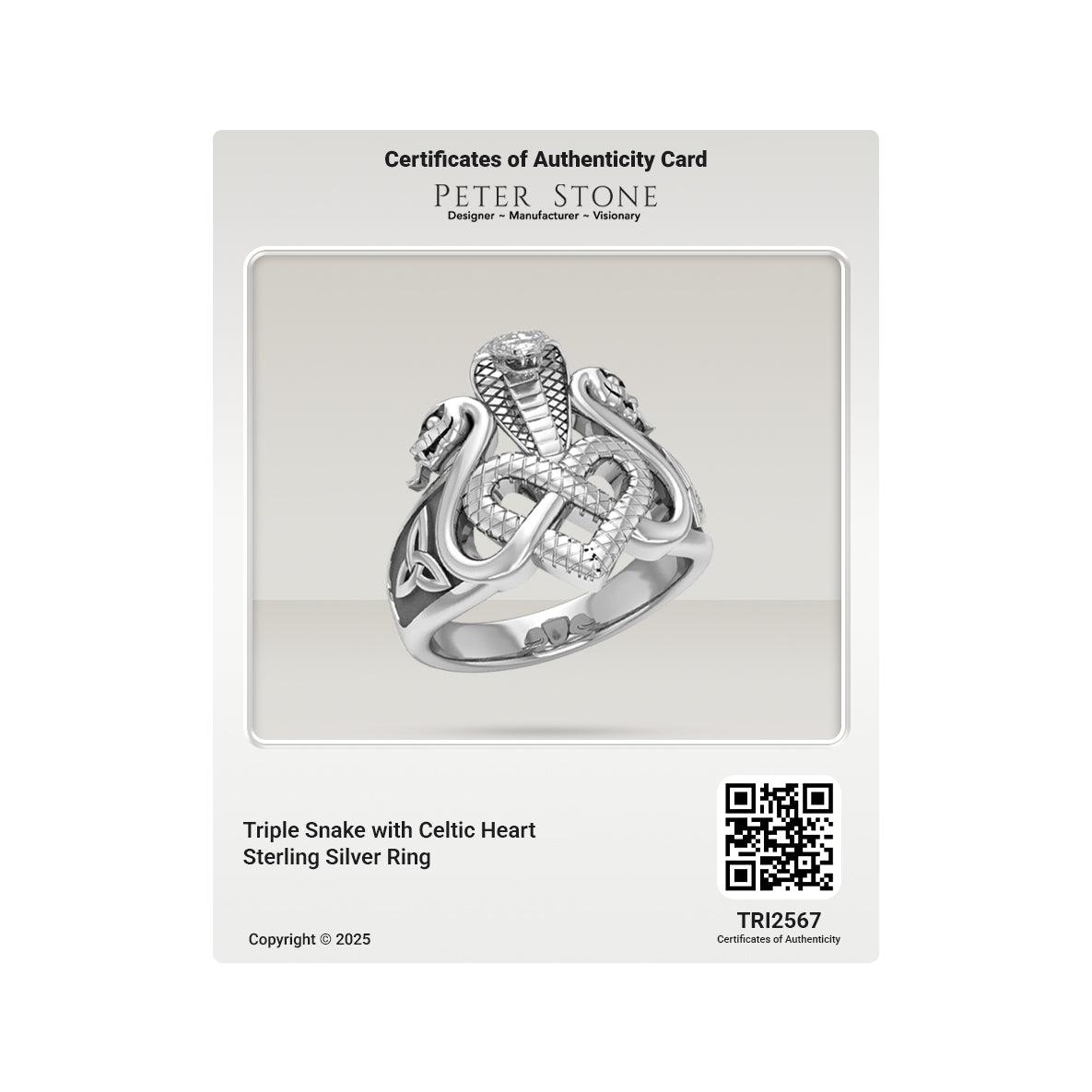 Triple Snake with Celtic Heart Sterling Silver Ring TRI2567