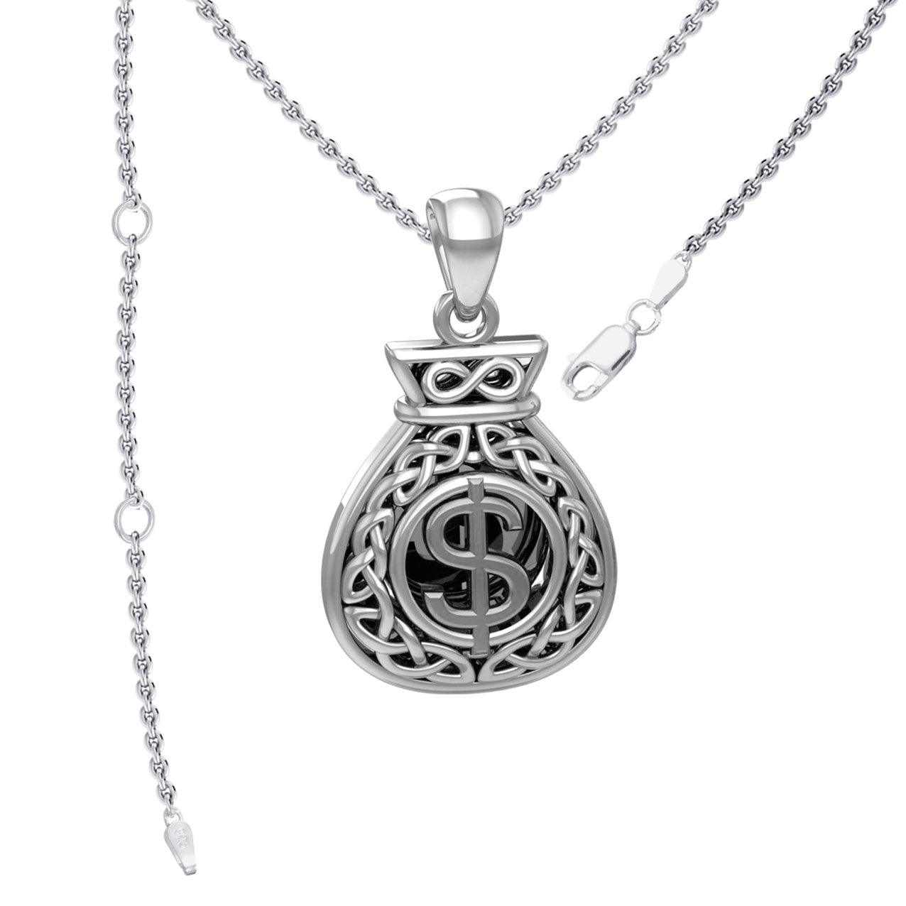 Celtic Infinity Money Bag with Wealth and Prosperity Bind Rune Silver Pendant TPD5962 - Jewelry