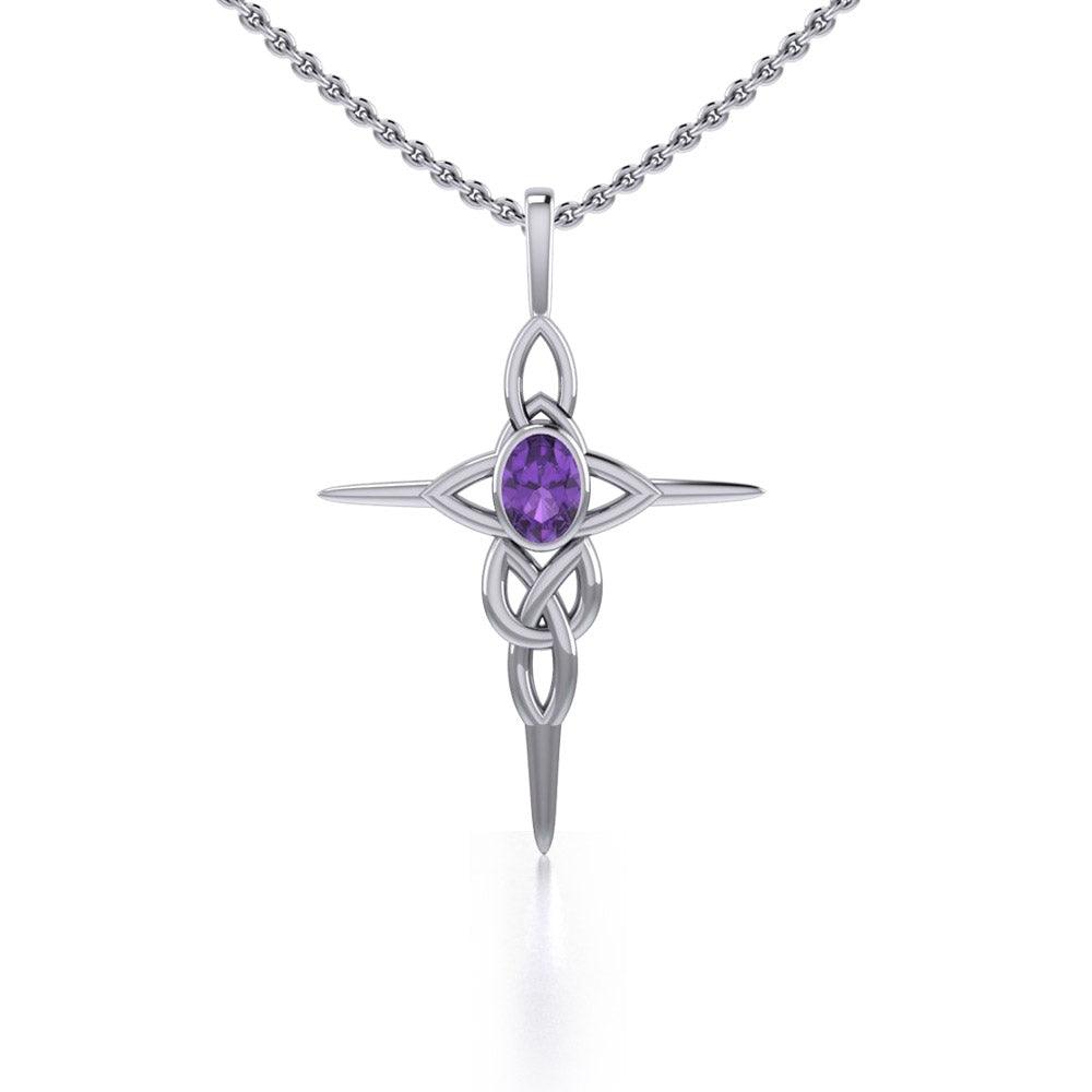 Celtic Knotwork Cross Sterling Silver Pendant with Gemstone and Chain Set TSE722 - Jewelry