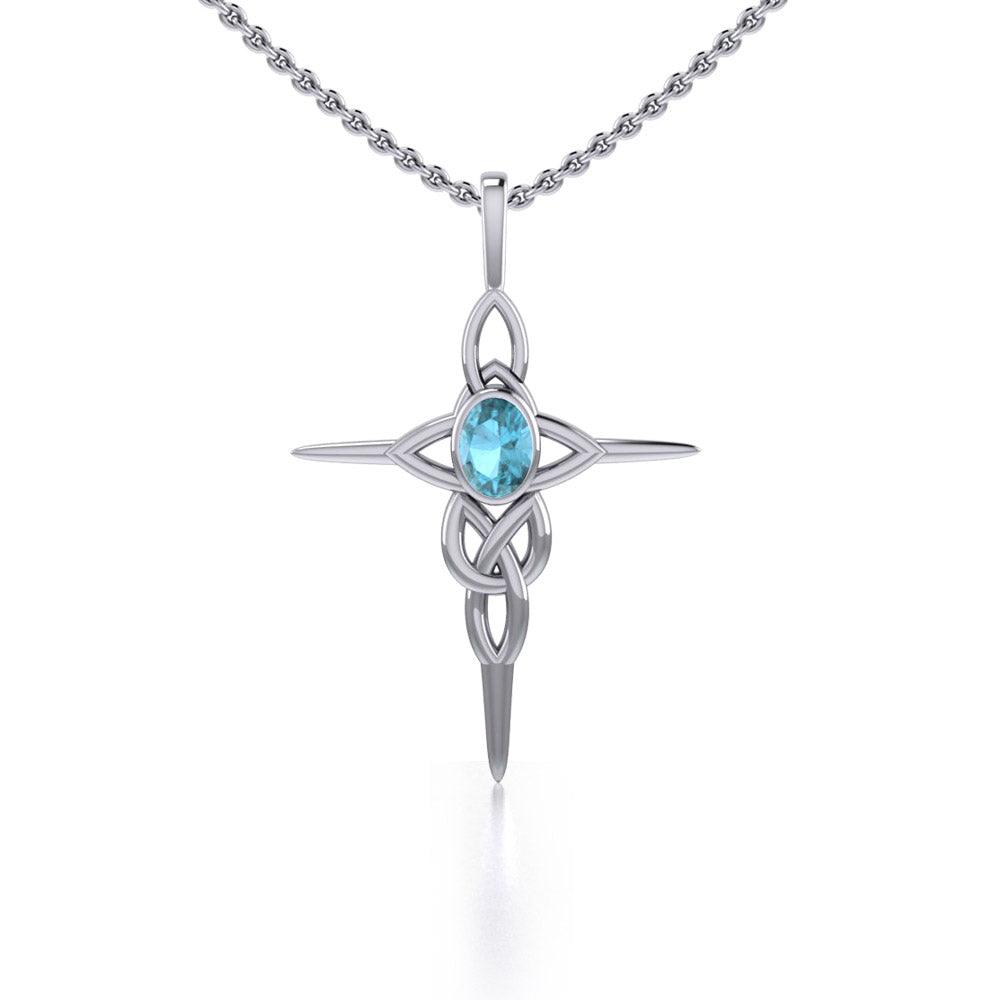 Celtic Knotwork Cross Sterling Silver Pendant with Gemstone and Chain Set TSE722 - Jewelry