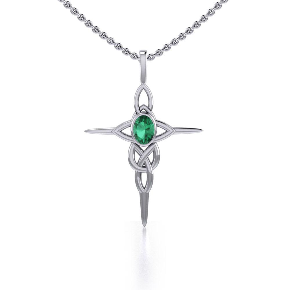 Celtic Knotwork Cross Sterling Silver Pendant with Gemstone and Chain Set TSE722 - Jewelry