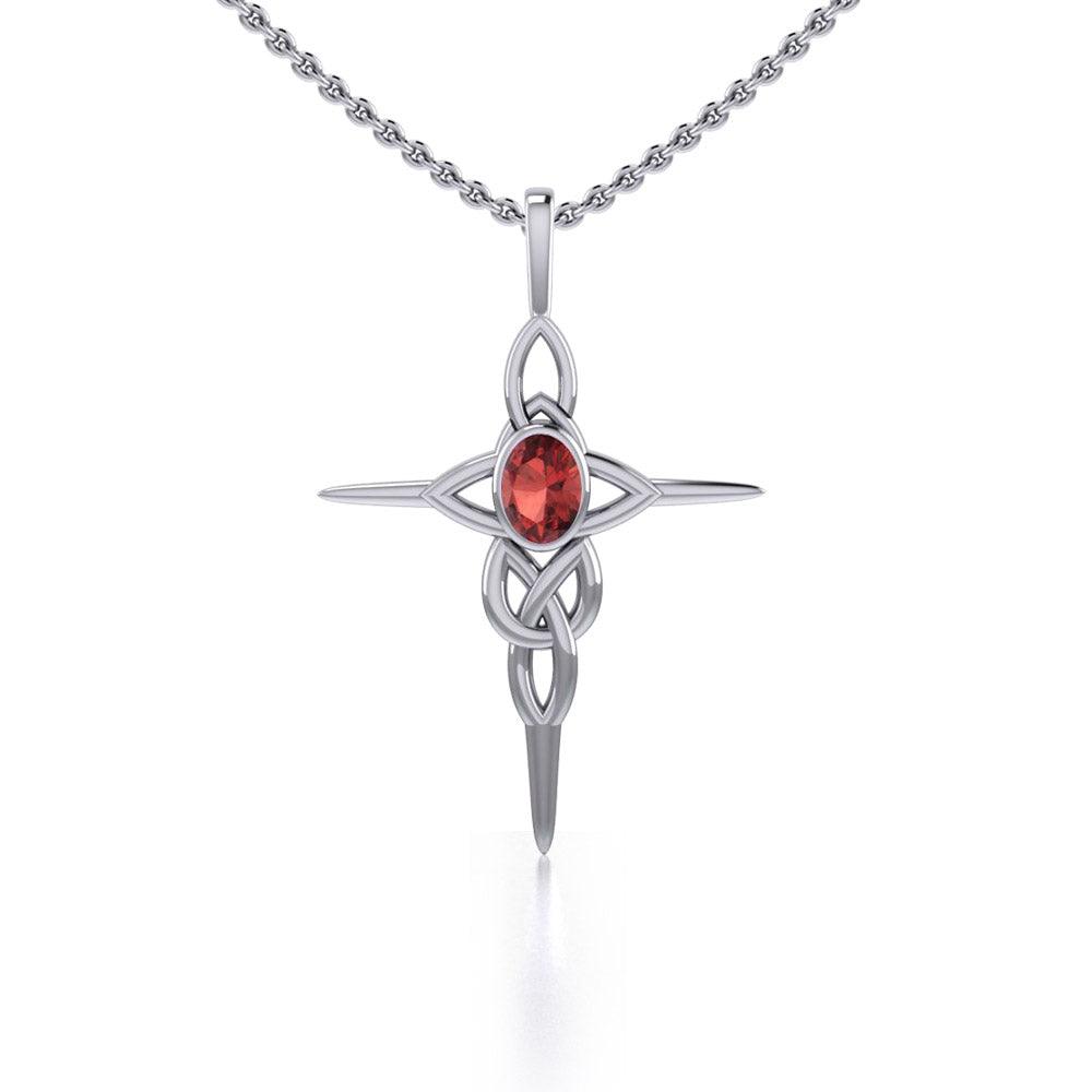 Celtic Knotwork Cross Sterling Silver Pendant with Gemstone and Chain Set TSE722 - Jewelry