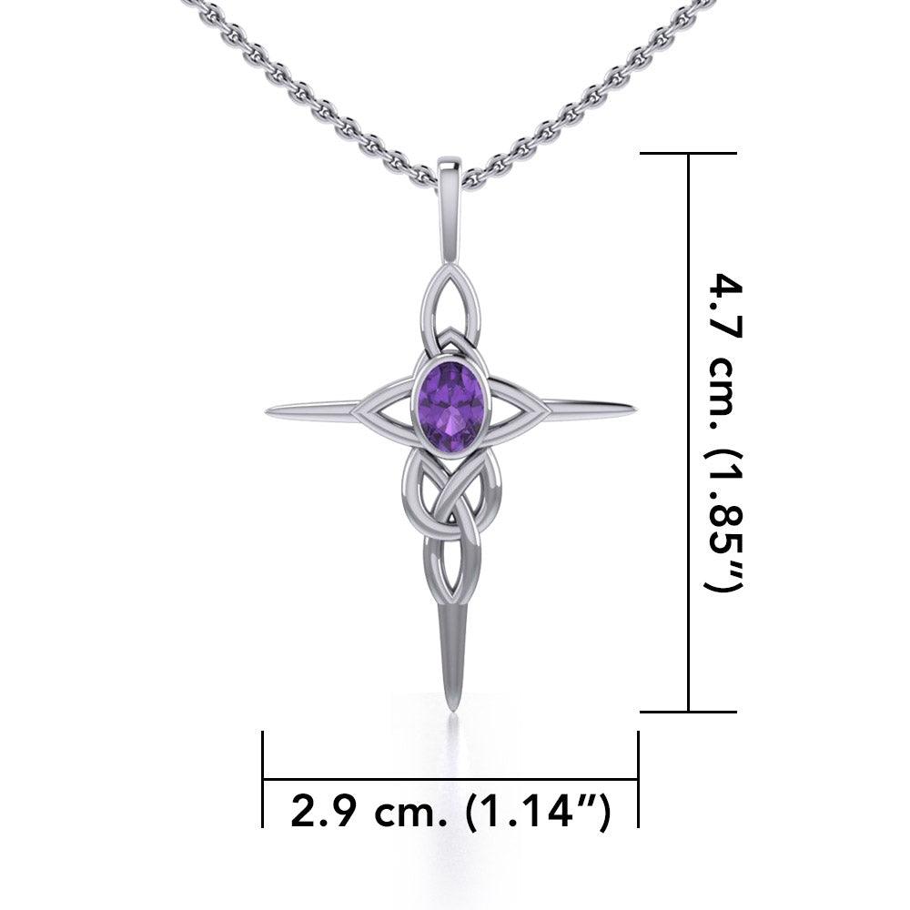 Celtic Knotwork Cross Sterling Silver Pendant with Gemstone and Chain Set TSE722 - Jewelry