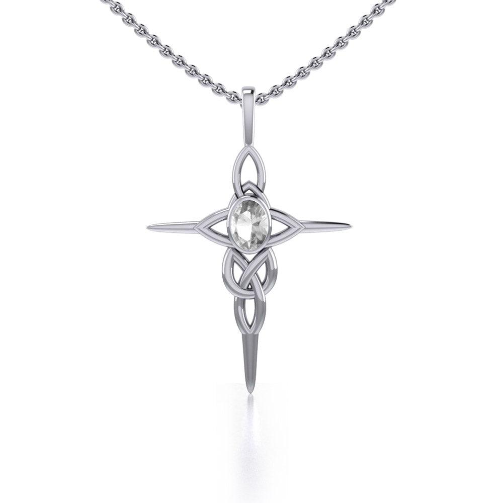 Celtic Knotwork Cross Sterling Silver Pendant with Gemstone and Chain Set TSE722 - Jewelry