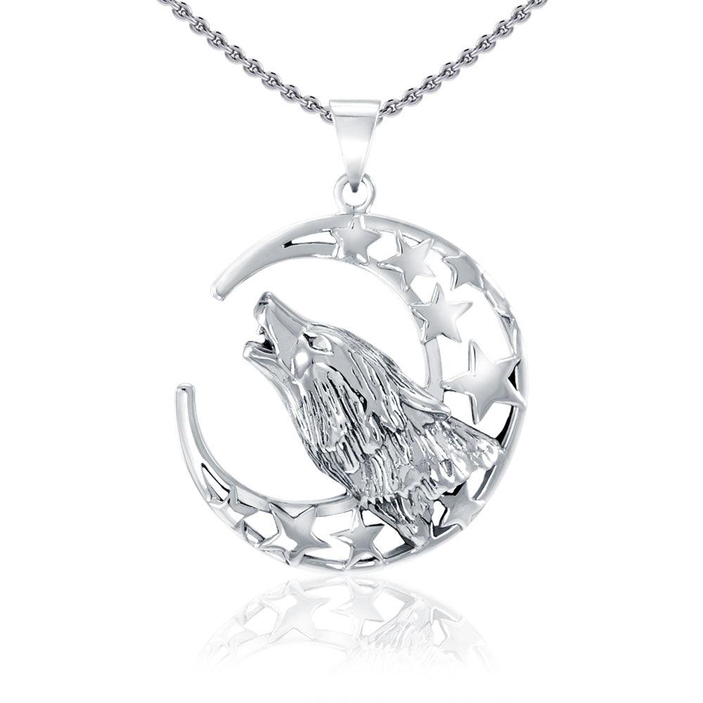 Baying Wolf Sterling Silver Pendant With Chain Set TSE744 - Jewelry