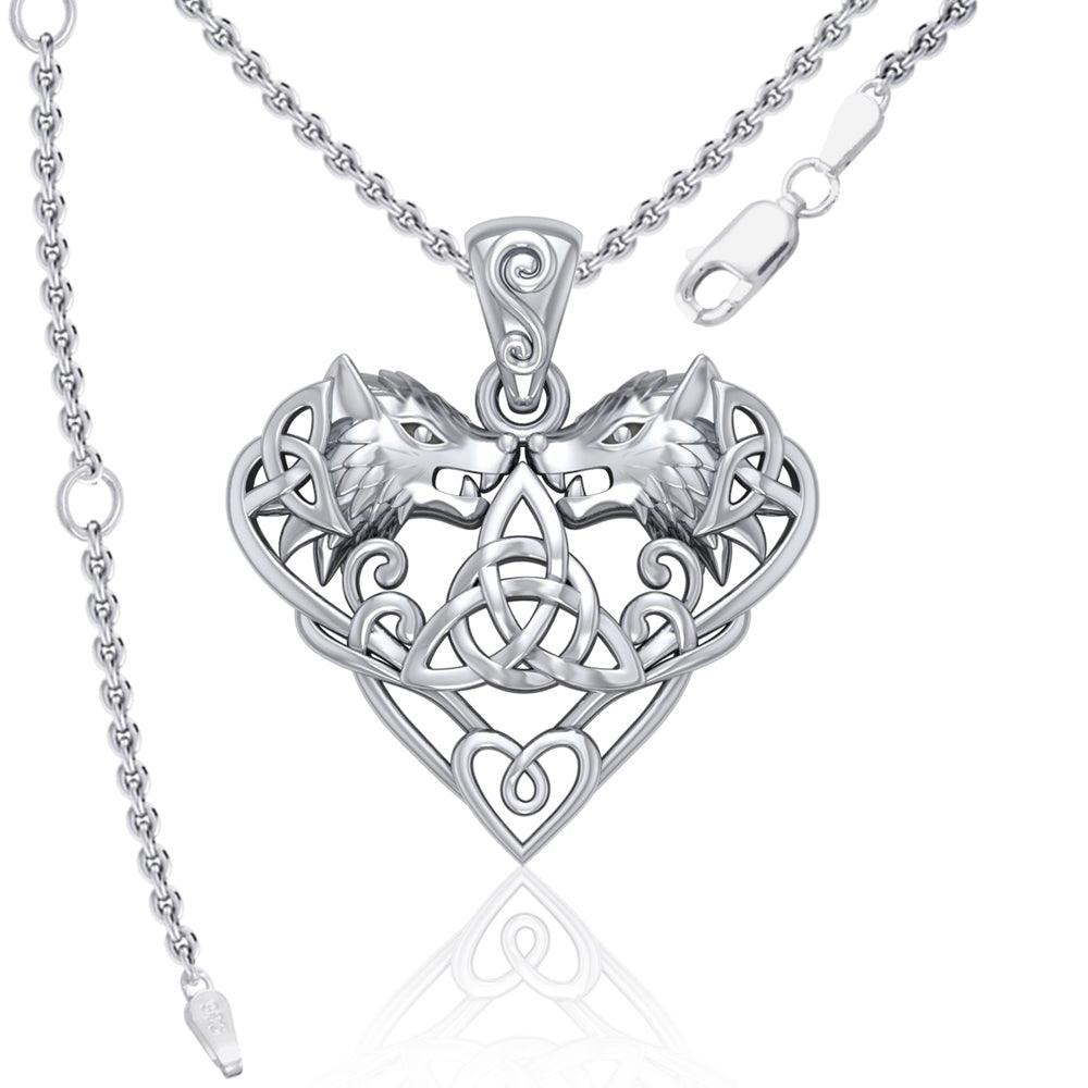 Silver Wolves with Celtic Triquetra in Heart Pendant TPD5212 - Jewelry