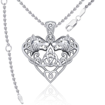 Silver Wolves with Celtic Triquetra in Heart Pendant TPD5212 - Jewelry