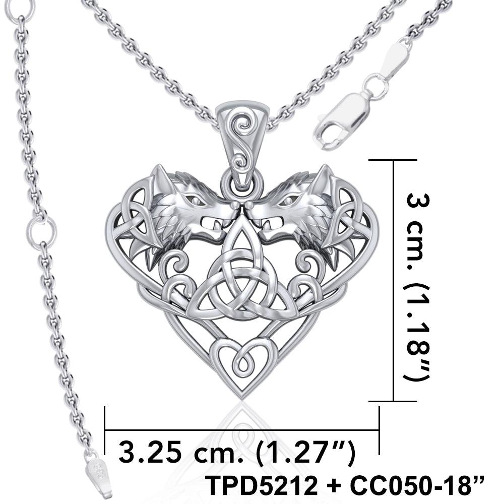 Silver Wolves with Celtic Triquetra in Heart Pendant TPD5212 - Jewelry