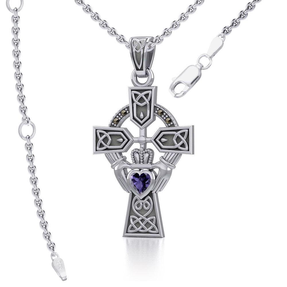 Celtic Cross and Irish Claddagh Silver Pendant with Heart Gemstone TPD5340 - Jewelry