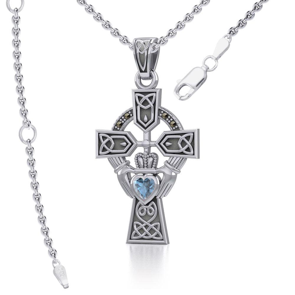 Celtic Cross and Irish Claddagh Silver Pendant with Heart Gemstone TPD5340 - Jewelry