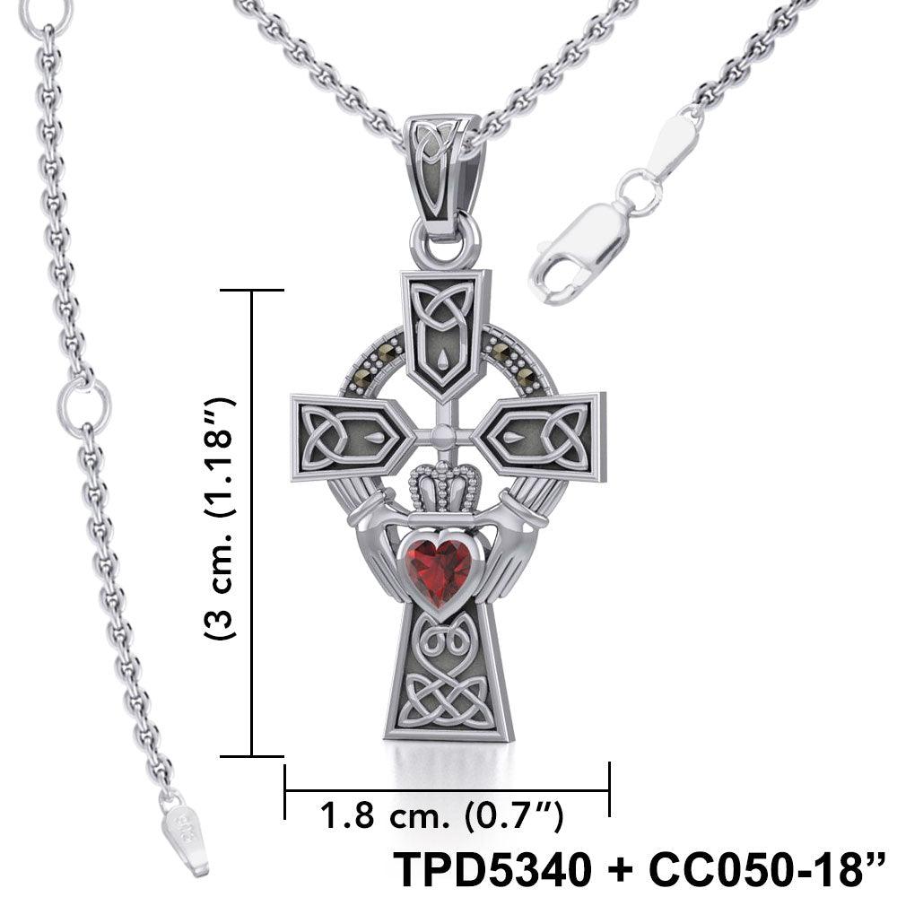 Celtic Cross and Irish Claddagh Silver Pendant with Heart Gemstone TPD5340 - Jewelry