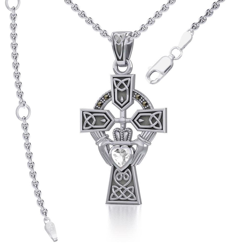 Celtic Cross and Irish Claddagh Silver Pendant with Heart Gemstone TPD5340 - Jewelry