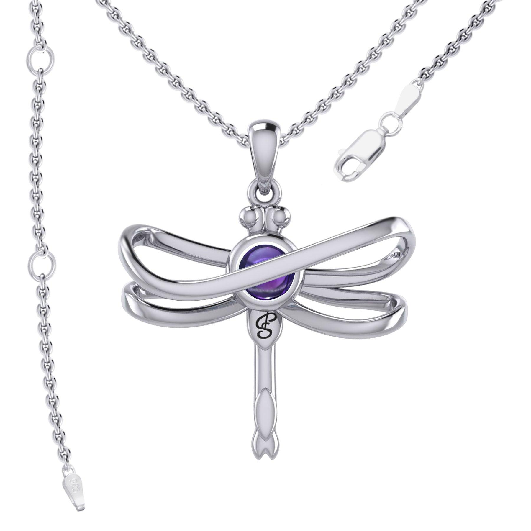 Ethereal Dragonfly Sterling Silver Pendant with Spiritual Gemstone by Peter Stone Jewelry - Divine Insect Symbolism for Spiritual Connection TPD6211 - Jewelry