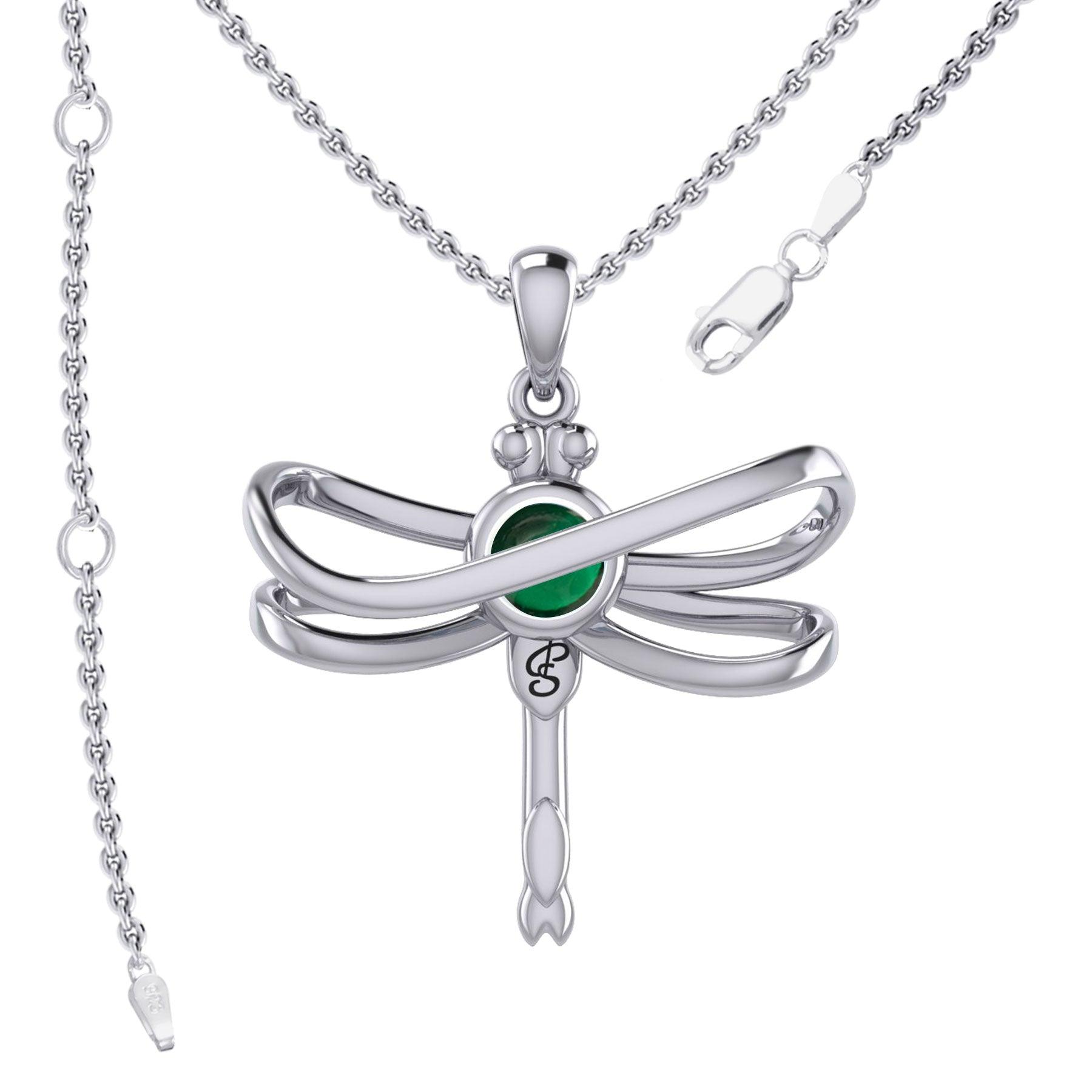 Ethereal Dragonfly Sterling Silver Pendant with Spiritual Gemstone by Peter Stone Jewelry - Divine Insect Symbolism for Spiritual Connection TPD6211 - Jewelry