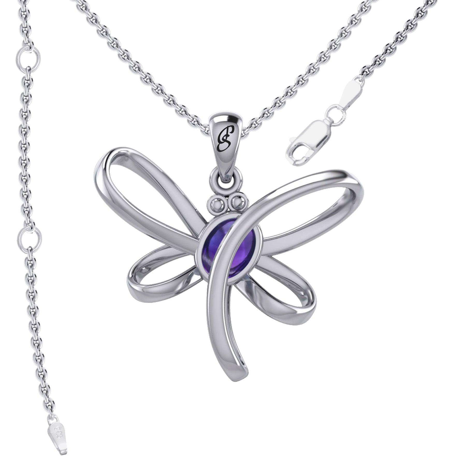 Serenity Soars: Eternal Dragonfly Sterling Silver Pendant with Oval Gemstone Connection by Peter Stone Jewelry - Inspiring Your Journey to Success TPD6212 - Jewelry