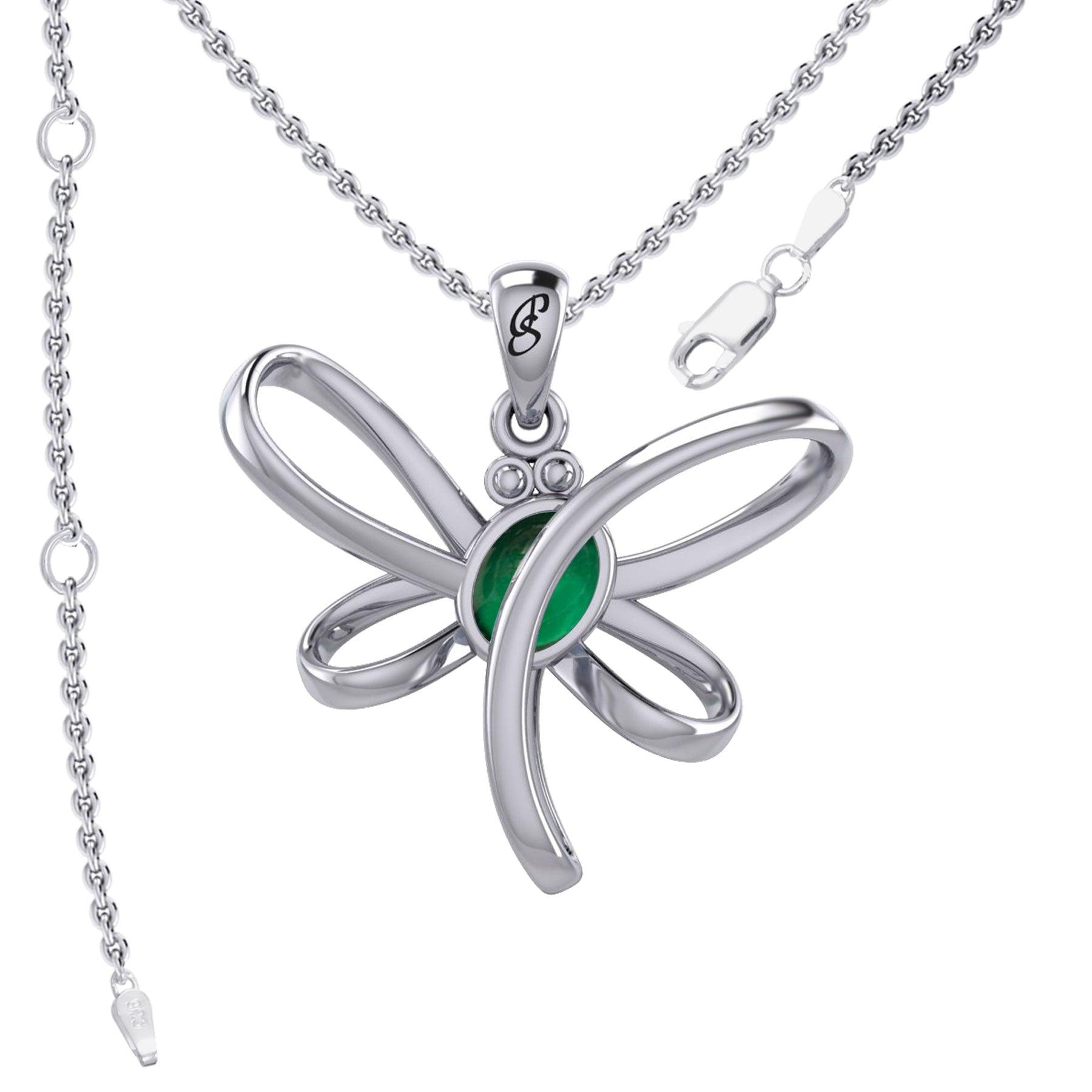 Serenity Soars: Eternal Dragonfly Sterling Silver Pendant with Oval Gemstone Connection by Peter Stone Jewelry - Inspiring Your Journey to Success TPD6212 - Jewelry