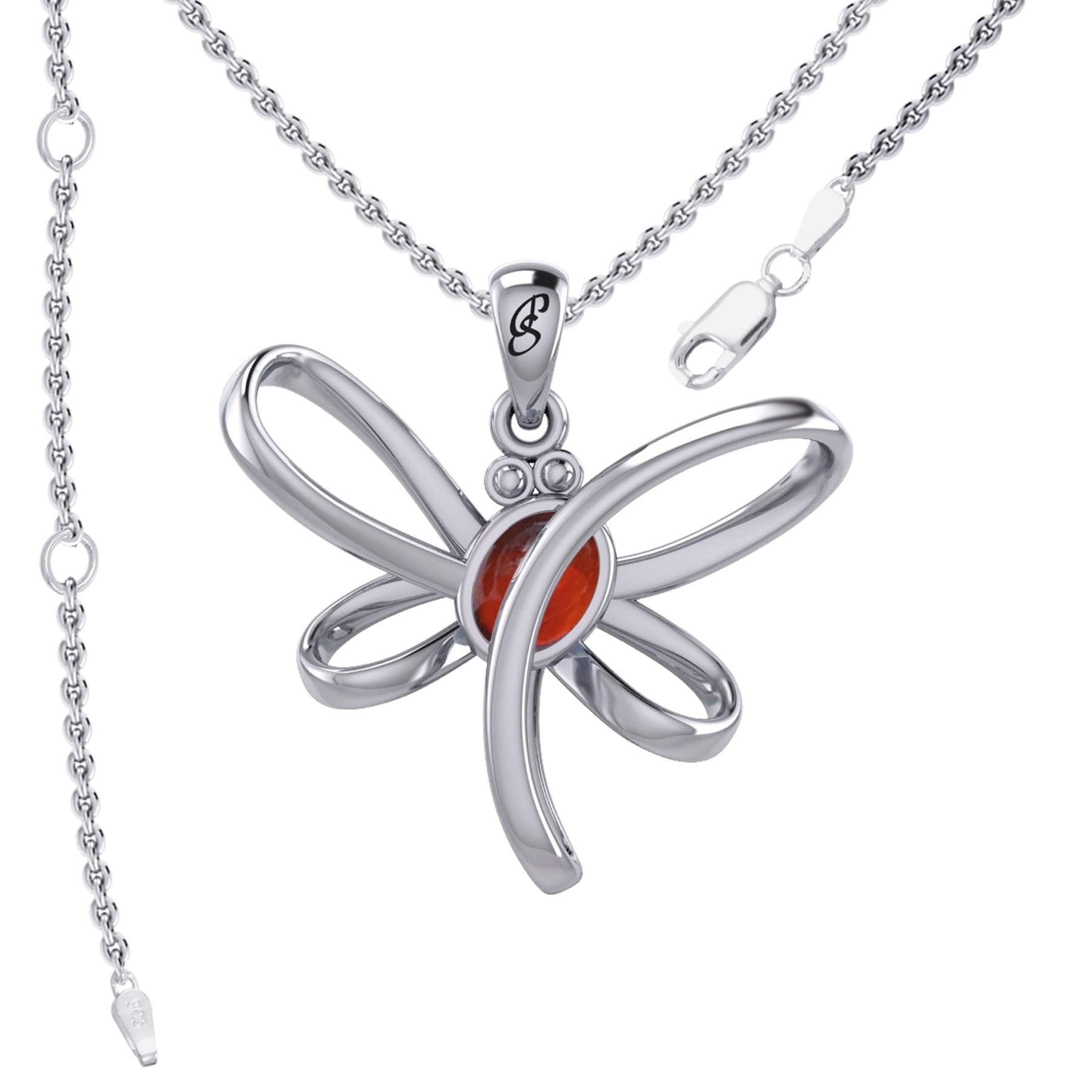 Serenity Soars: Eternal Dragonfly Sterling Silver Pendant with Oval Gemstone Connection by Peter Stone Jewelry - Inspiring Your Journey to Success TPD6212 - Jewelry
