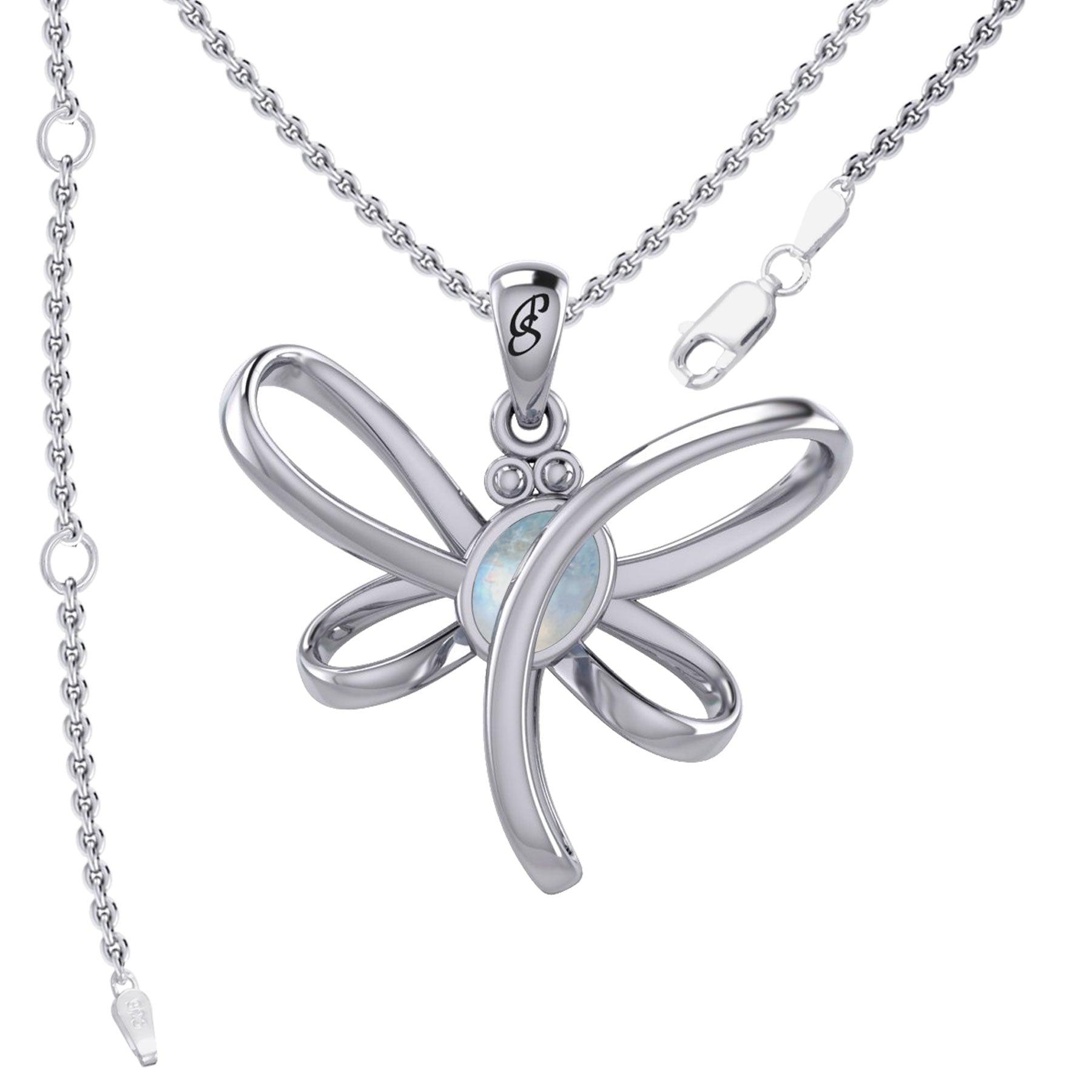 Serenity Soars: Eternal Dragonfly Sterling Silver Pendant with Oval Gemstone Connection by Peter Stone Jewelry - Inspiring Your Journey to Success TPD6212 - Jewelry