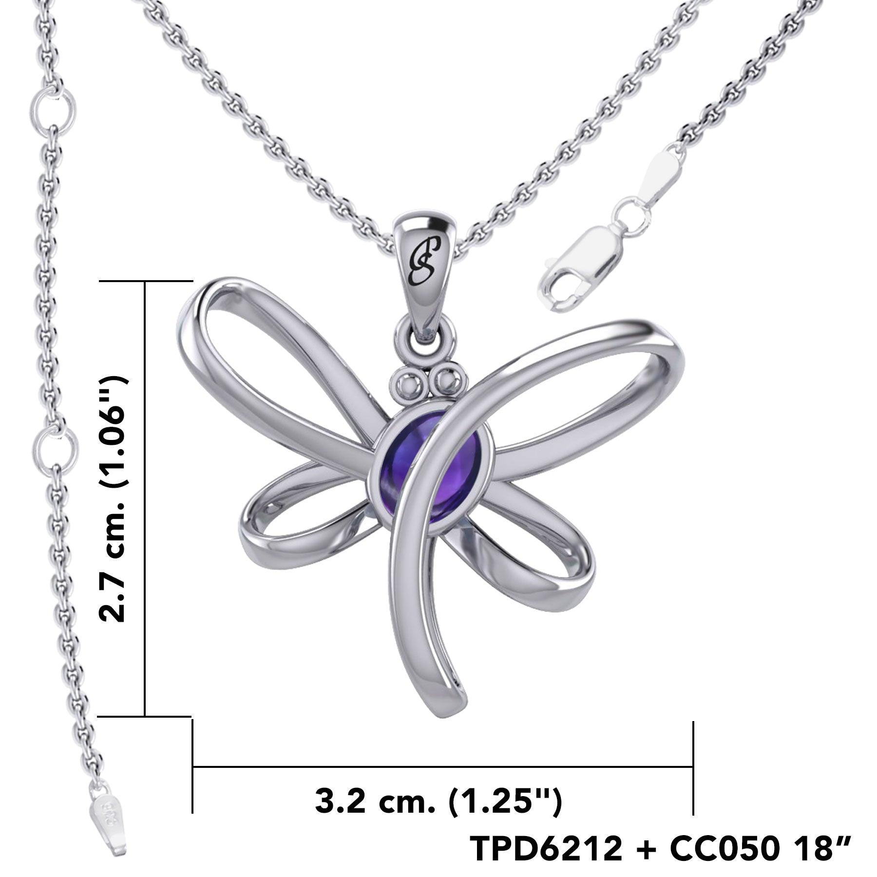 Serenity Soars: Eternal Dragonfly Sterling Silver Pendant with Oval Gemstone Connection by Peter Stone Jewelry - Inspiring Your Journey to Success TPD6212 - Jewelry