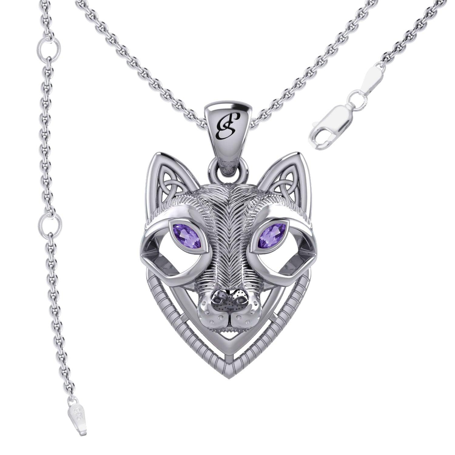 Celtic Wolf Spirit with Meaningful Gemstone Sterling Silver Pendant –