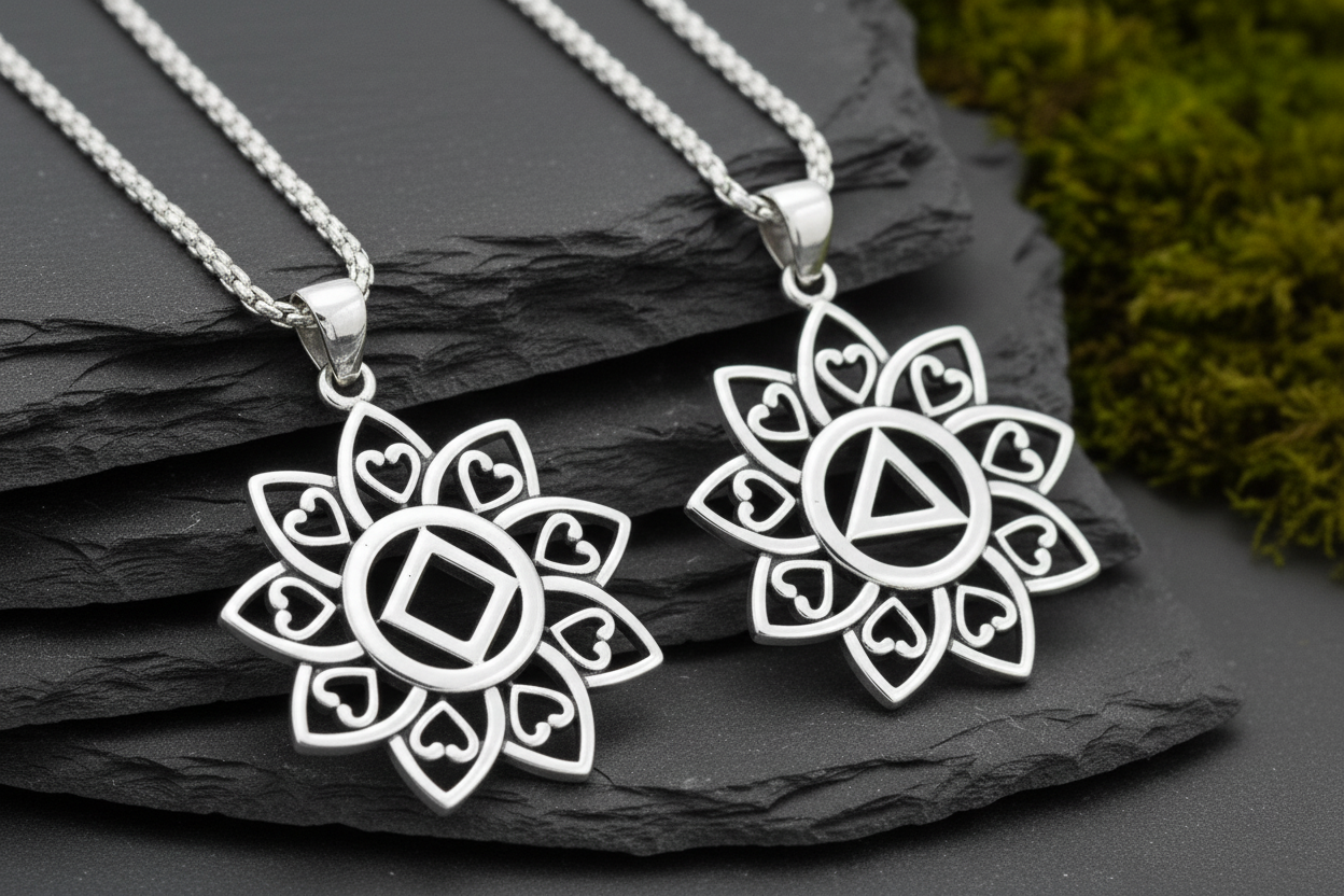 The Flower of Unity with NA Recovery Symbol Sterling Silver Pendant