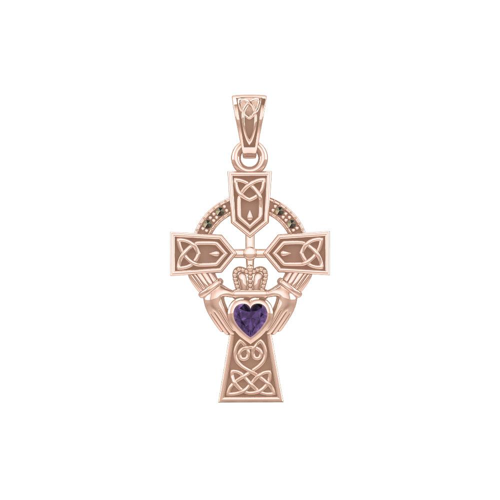 Celtic Cross and Irish Claddagh Rose Gold Pendant with Heart Gemstone UPD5340 - Jewelry