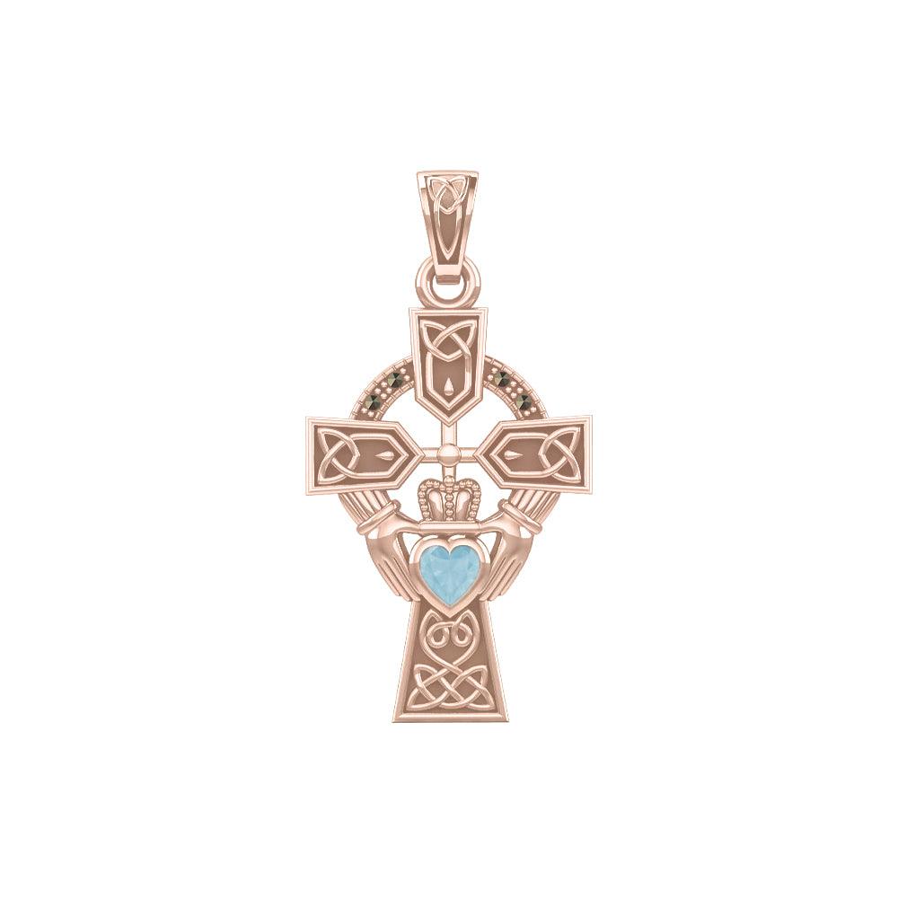 Celtic Cross and Irish Claddagh Rose Gold Pendant with Heart Gemstone UPD5340 - Jewelry