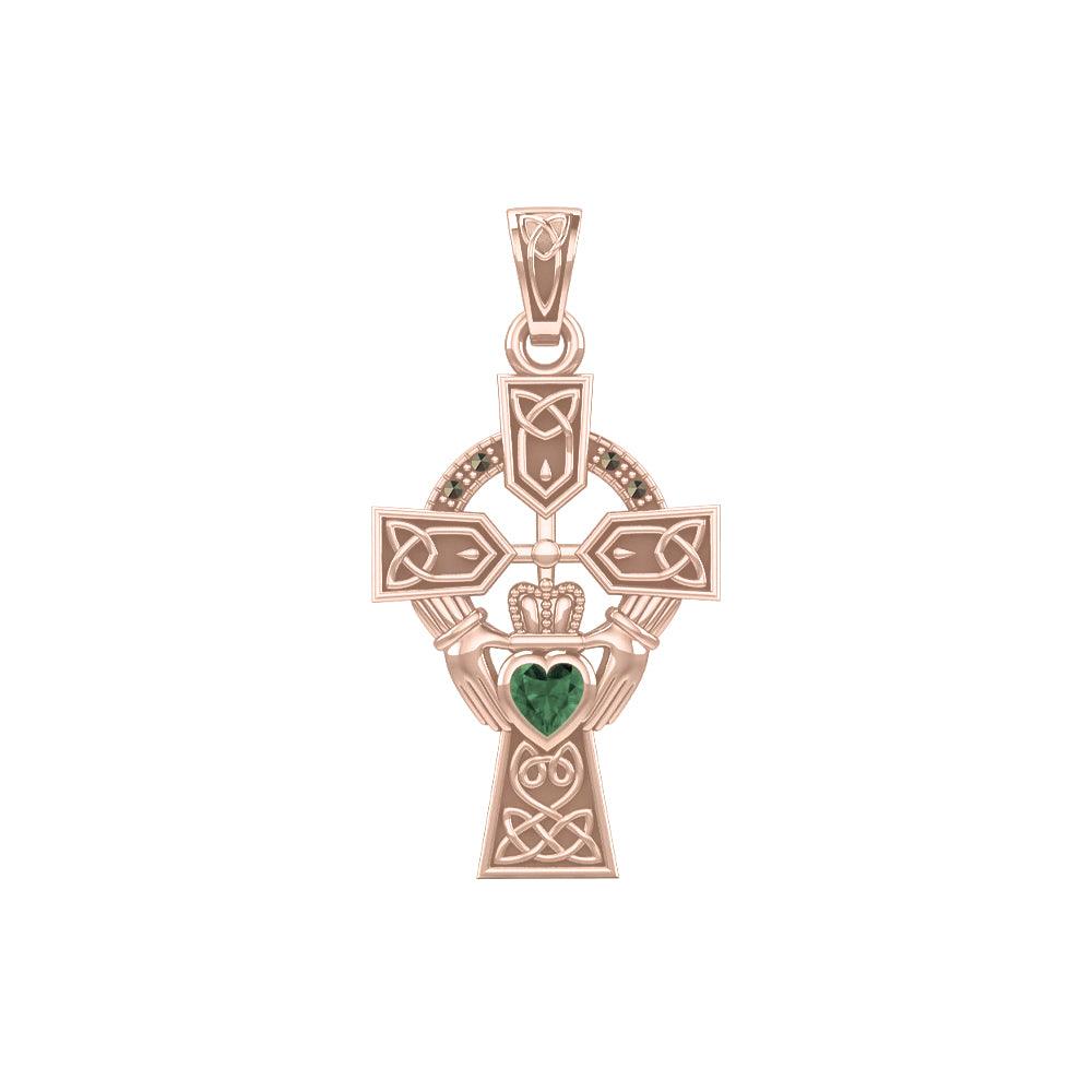 Celtic Cross and Irish Claddagh Rose Gold Pendant with Heart Gemstone UPD5340 - Jewelry