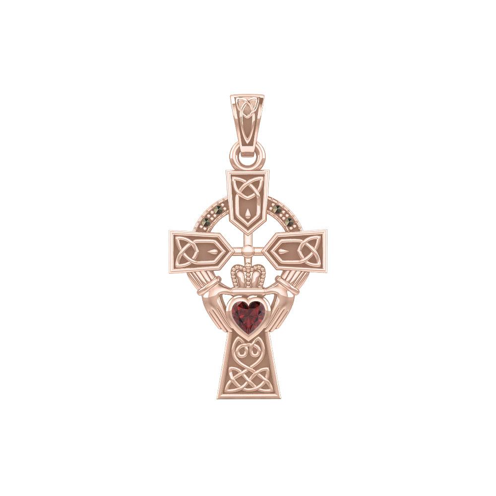 Celtic Cross and Irish Claddagh Rose Gold Pendant with Heart Gemstone UPD5340 - Jewelry