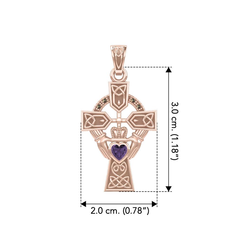 Celtic Cross and Irish Claddagh Rose Gold Pendant with Heart Gemstone UPD5340 - Jewelry