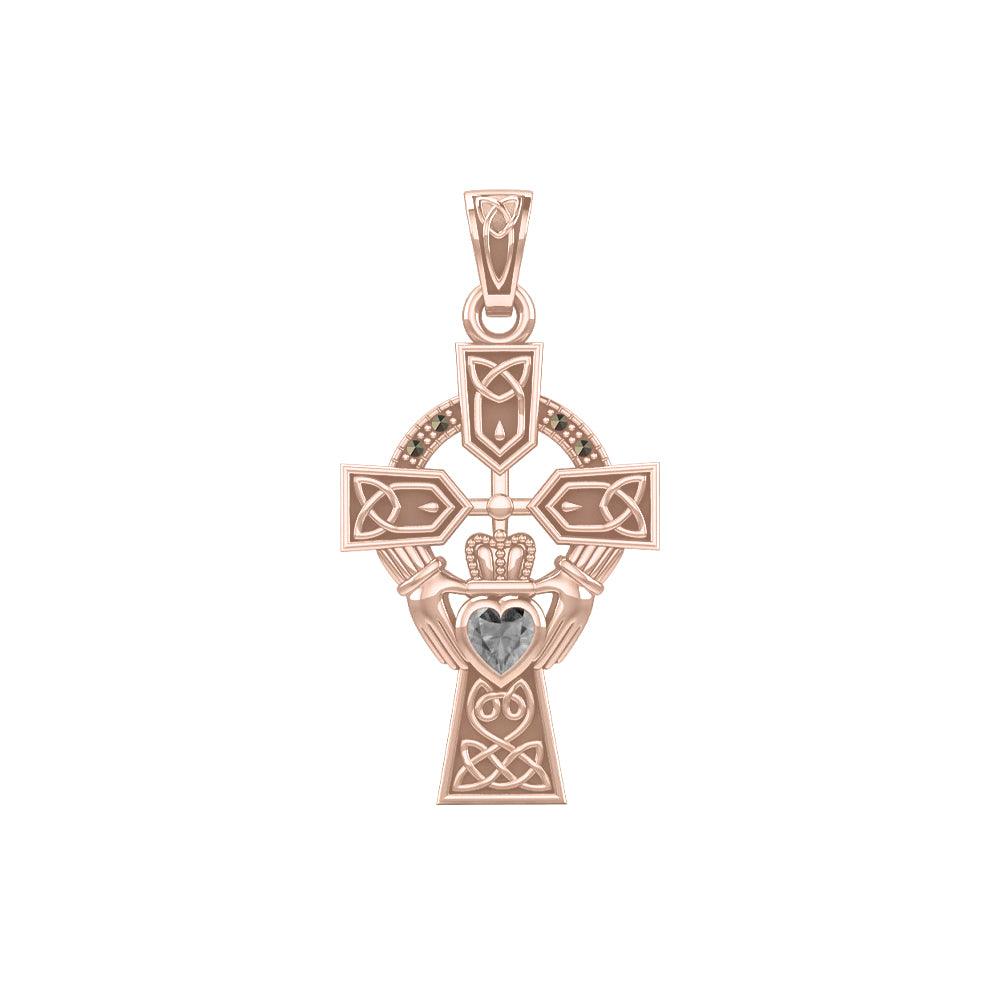 Celtic Cross and Irish Claddagh Rose Gold Pendant with Heart Gemstone UPD5340 - Jewelry