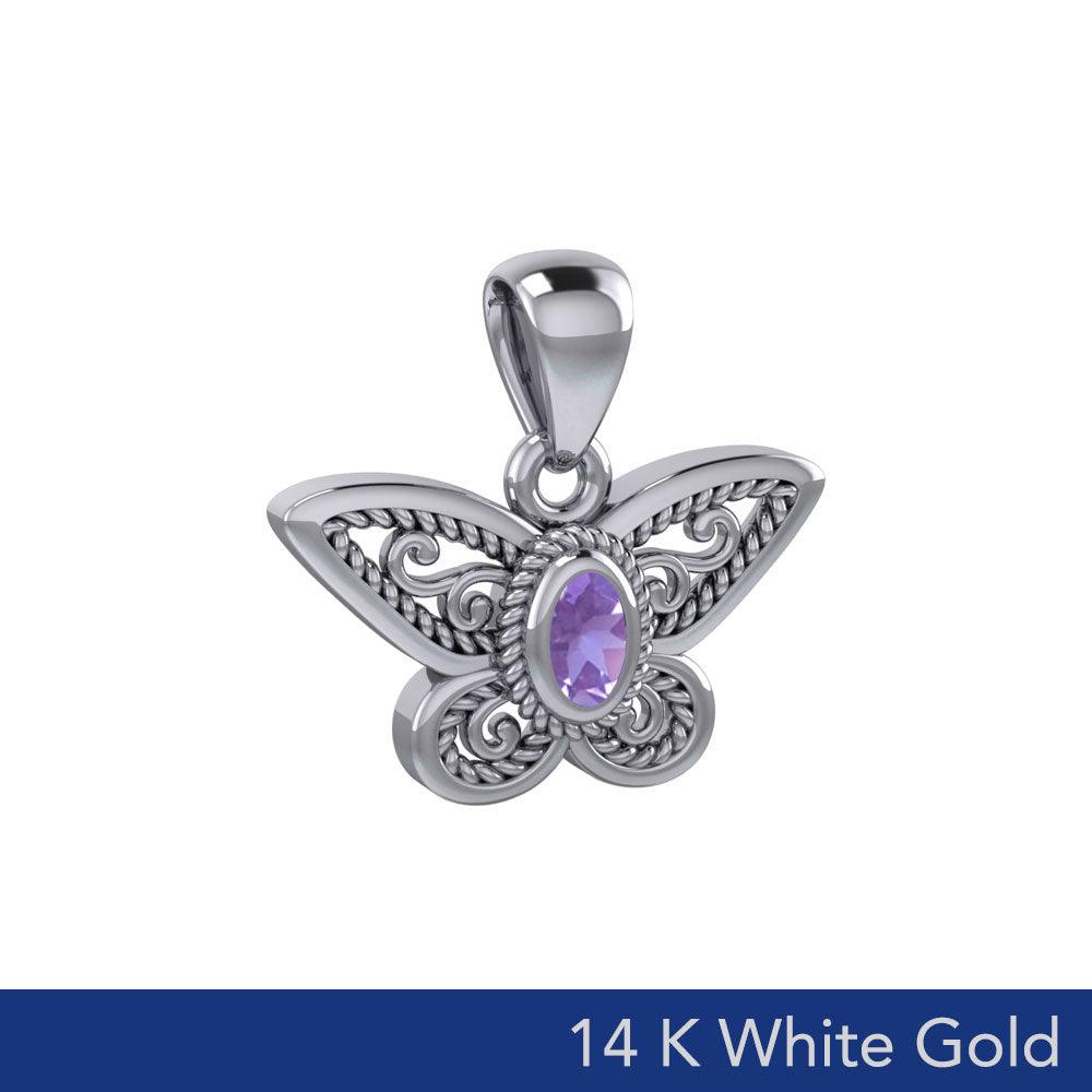 Life's colorful transformation ~ 14K White Gold Jewelry Butterfly Pendant with Gemstone WPD3685 - Jewelry
