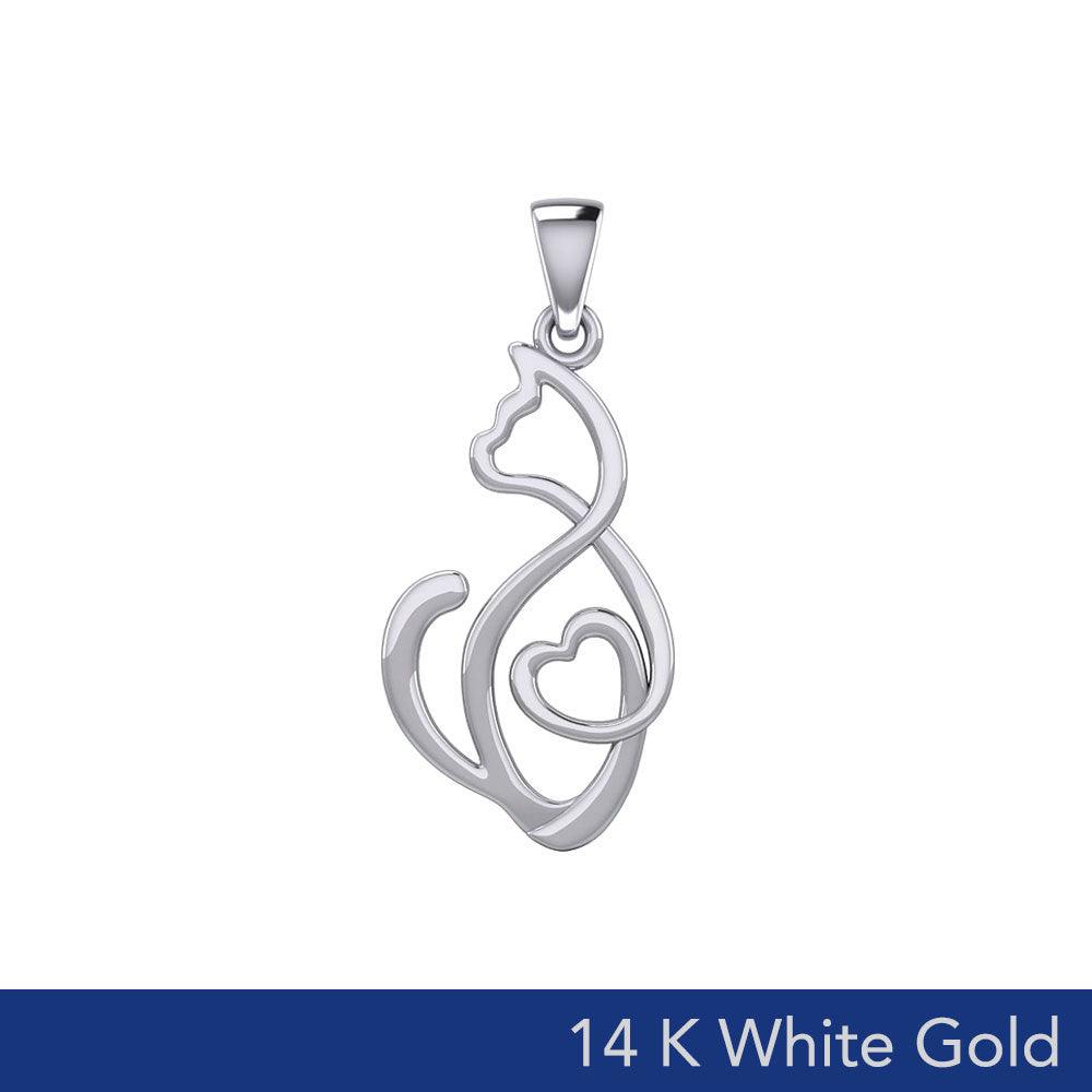 Running Cat with Heart 14K White Gold Pendant WPD5280 - Jewelry