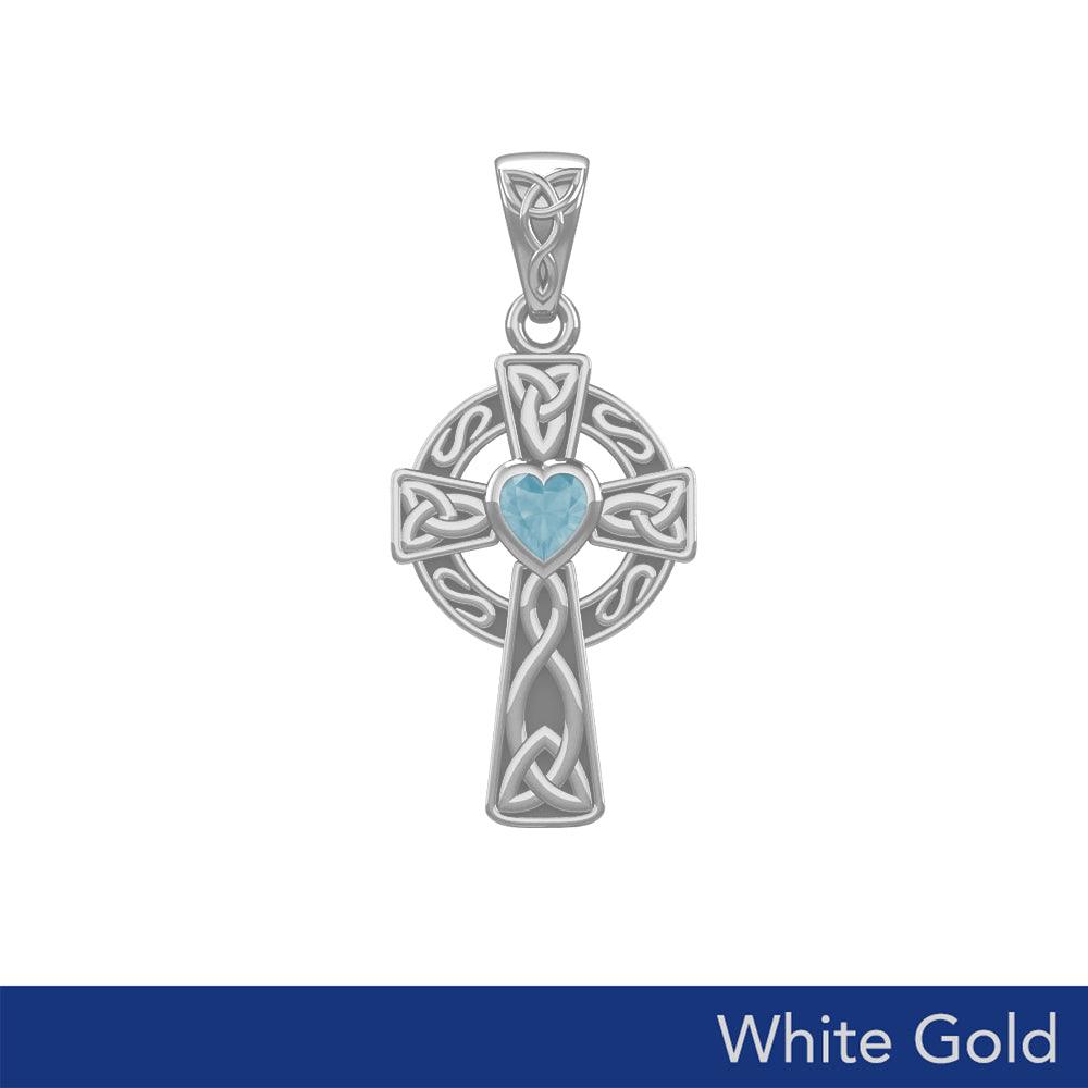 Celtic Cross White Gold Pendant with Heart Gemstone WPD5337 - Jewelry