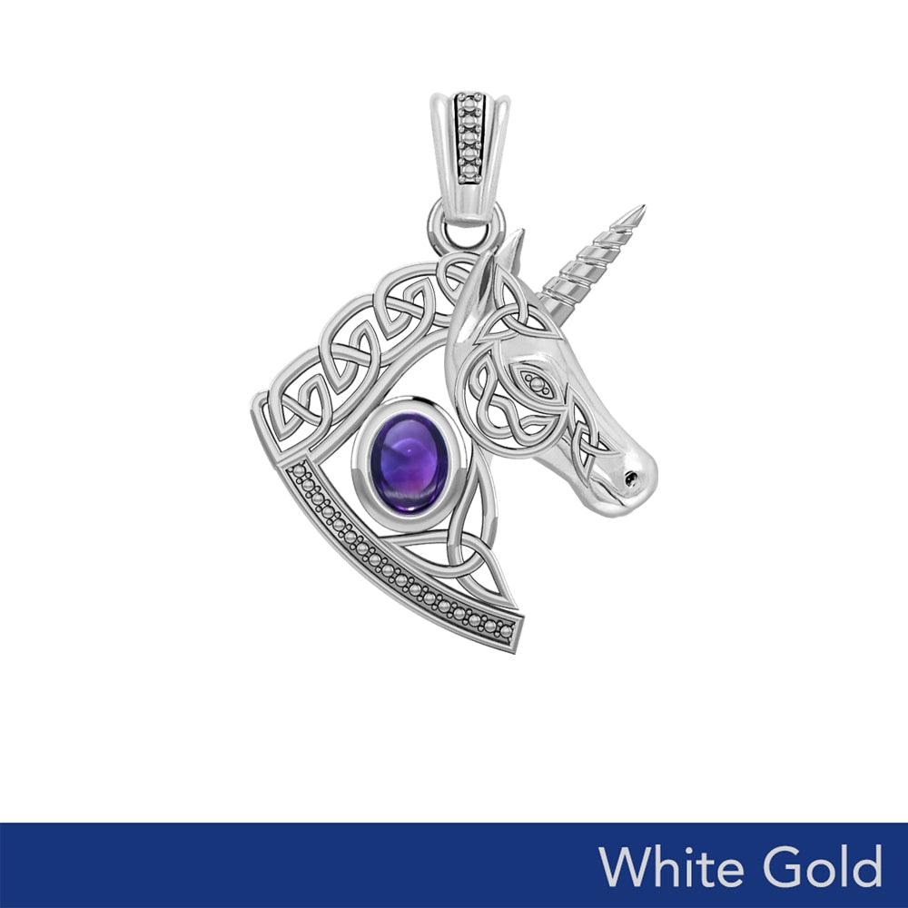 Celtic Unicorn Solid White Gold Pendant with Gem WPD5732 - Jewelry