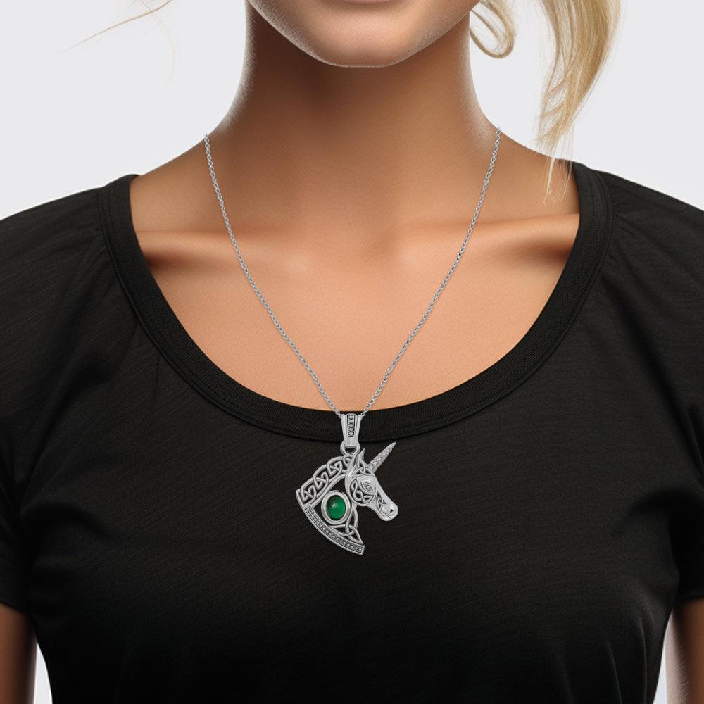 Celtic Unicorn Solid White Gold Pendant with Gem WPD5732 - Jewelry
