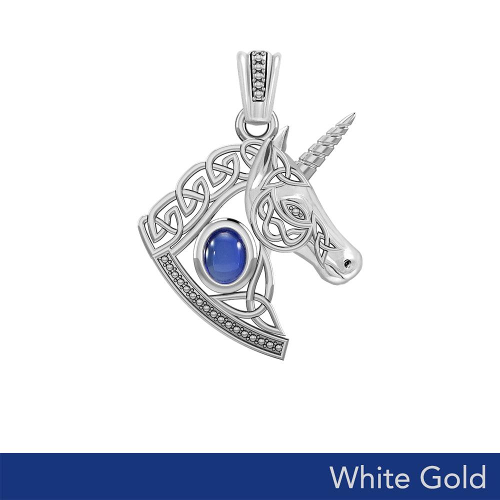 Celtic Unicorn Solid White Gold Pendant with Gem WPD5732 - Jewelry