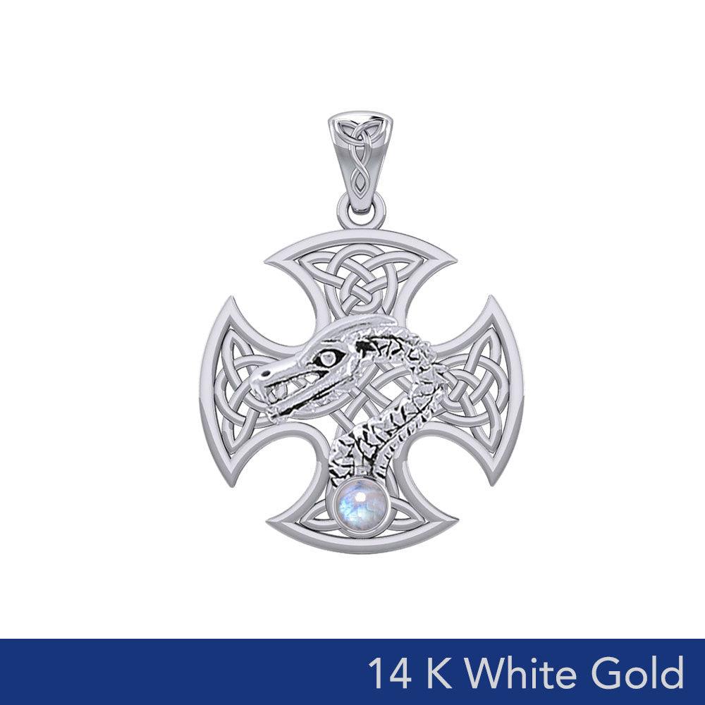 Dragon with Celtic Cross 14K White Gold Pendant WPD5818 - Jewelry