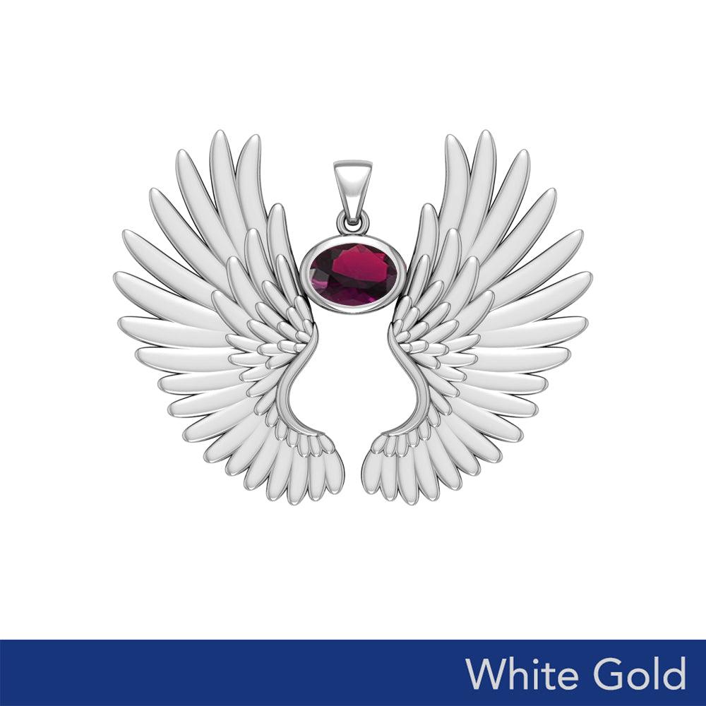 Guardian Angel Wings Solid White Gold Pendant with Birthstone WPD5867 - Jewelry