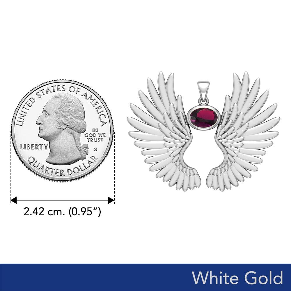 Guardian Angel Wings Solid White Gold Pendant with Birthstone WPD5867 - Jewelry