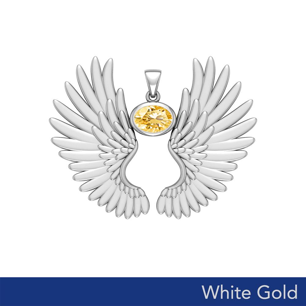 Guardian Angel Wings Solid White Gold Pendant with Birthstone WPD5867 - Jewelry