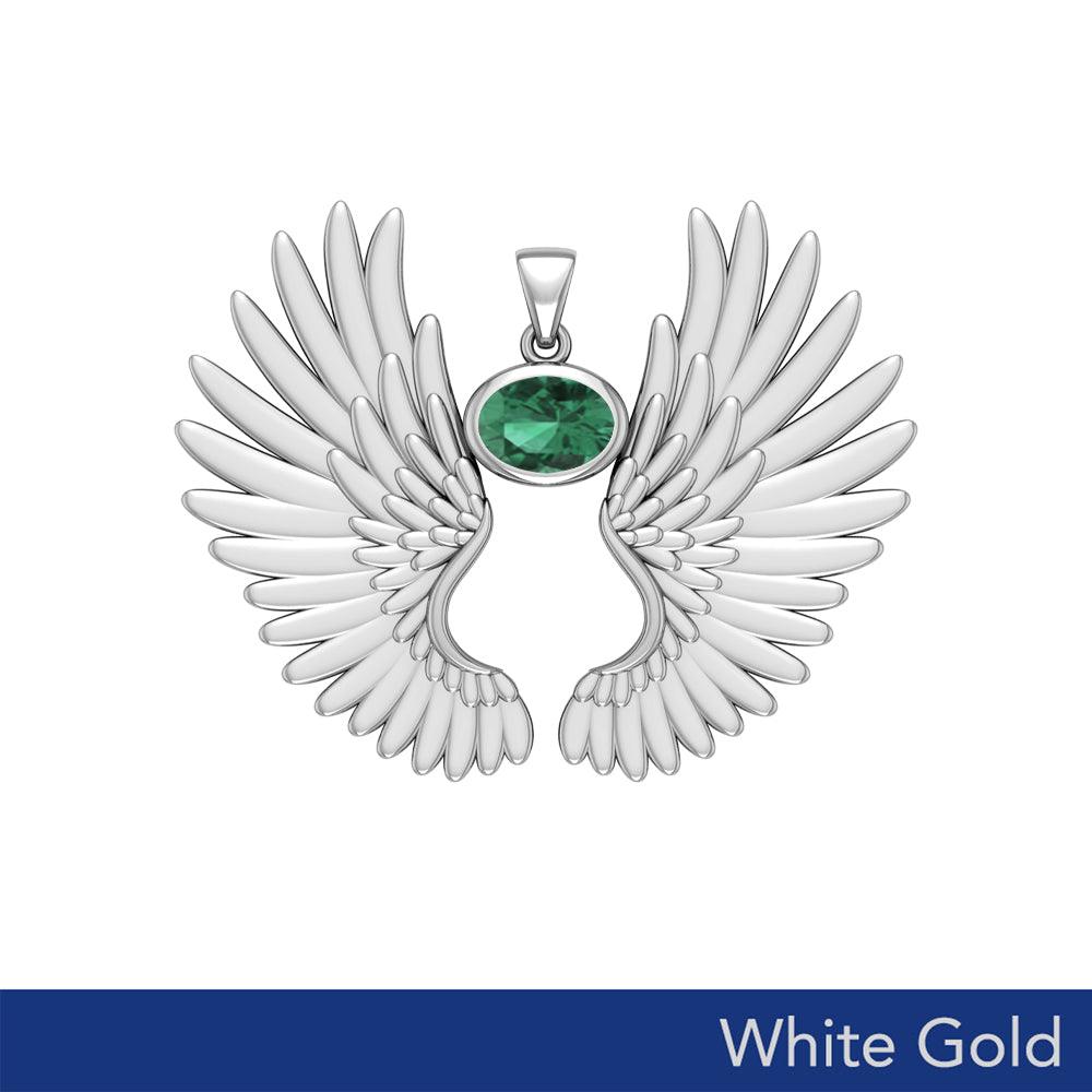 Guardian Angel Wings Solid White Gold Pendant with Birthstone WPD5867 - Jewelry