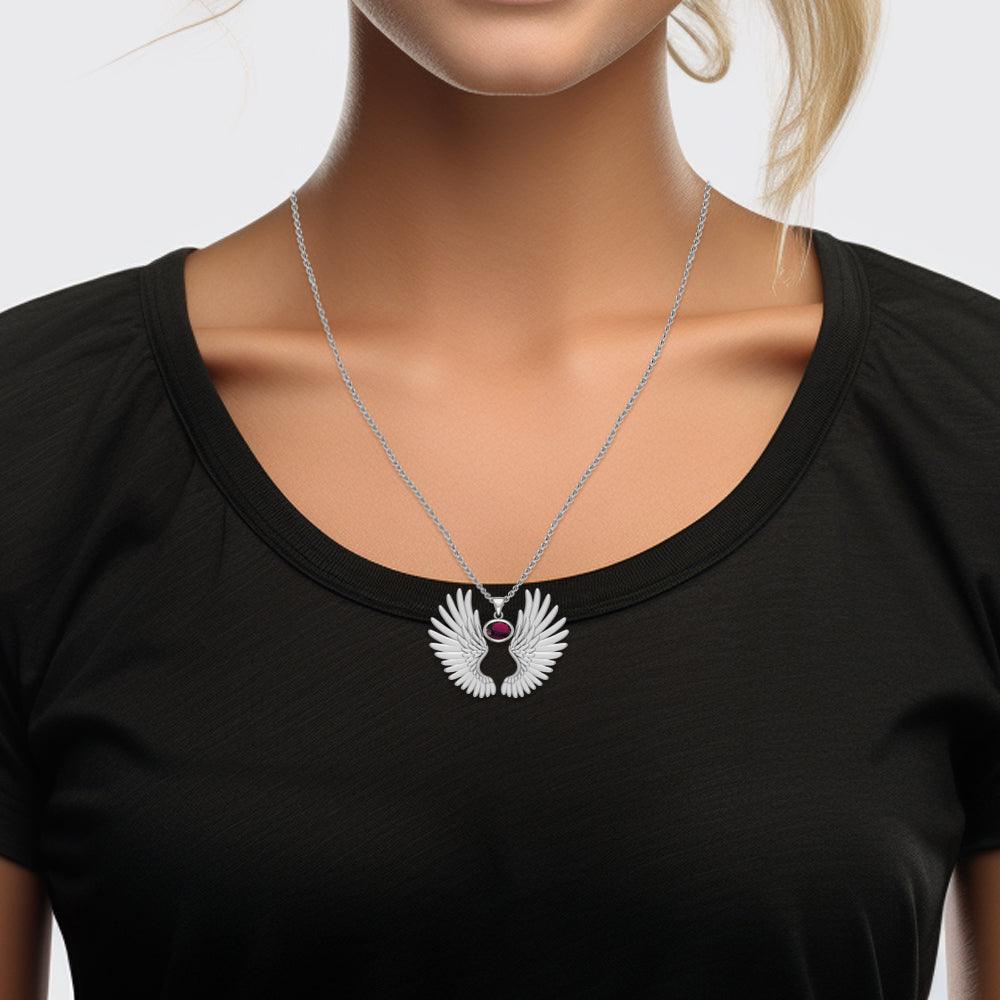 Guardian Angel Wings Solid White Gold Pendant with Birthstone WPD5867 - Jewelry